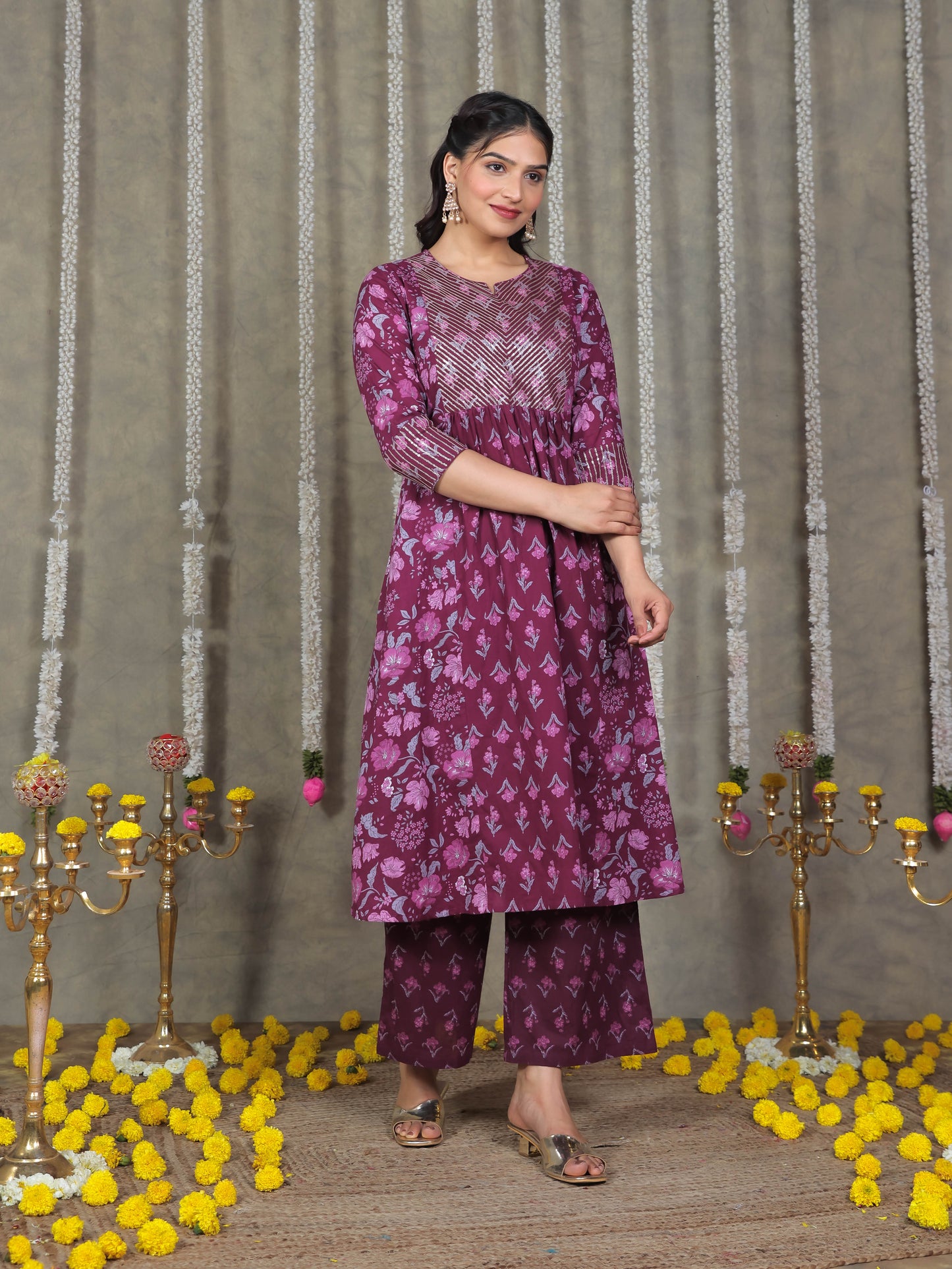 Embroidered Soft Cotton Floral Flared Purple Kurta