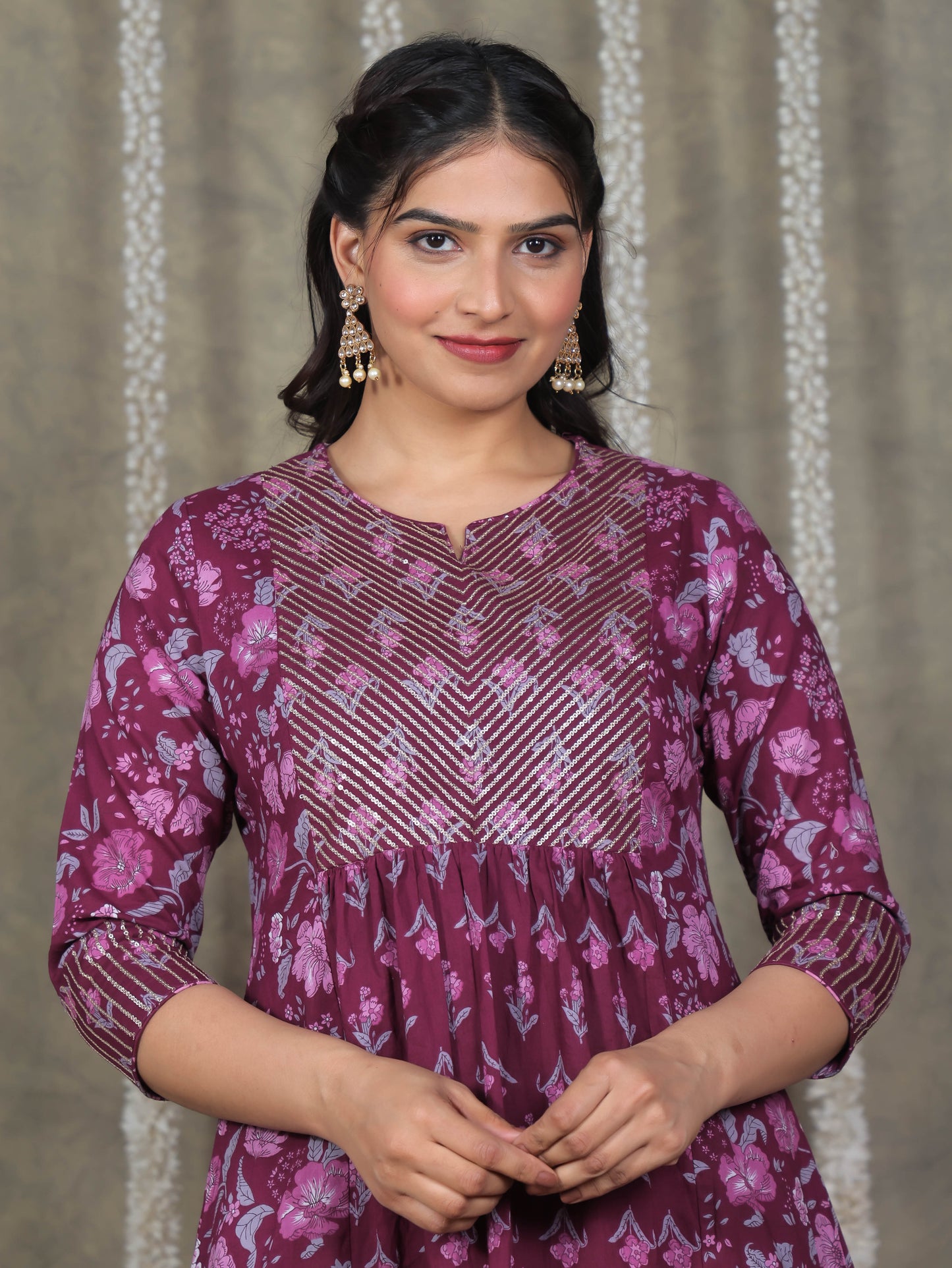 Embroidered Soft Cotton Floral Flared Purple Kurta