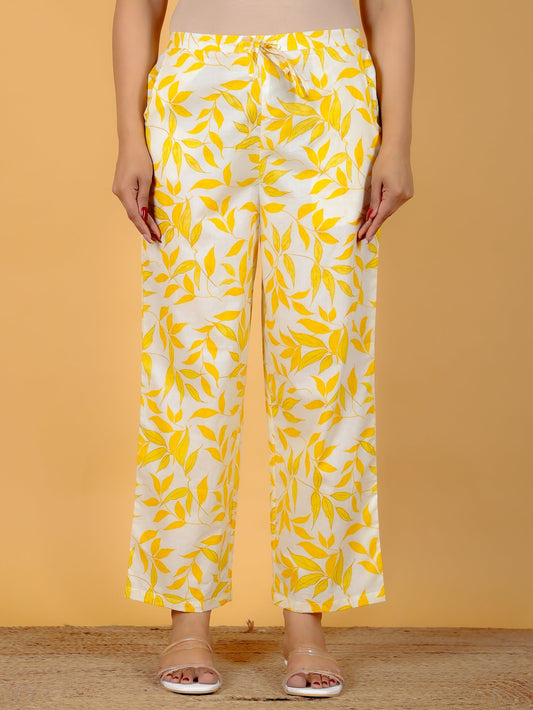 Soft Cotton Floral Yellow Straight Trousers