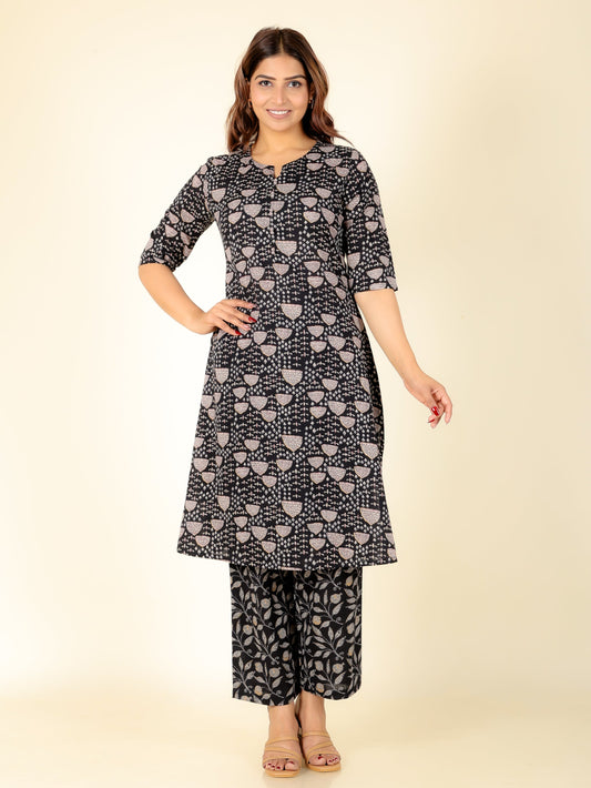 Soft Cotton Abstract A-line Black Kurta