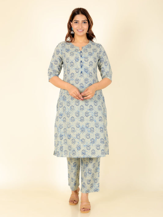 Soft Cotton Floral A-line Blue Kurta