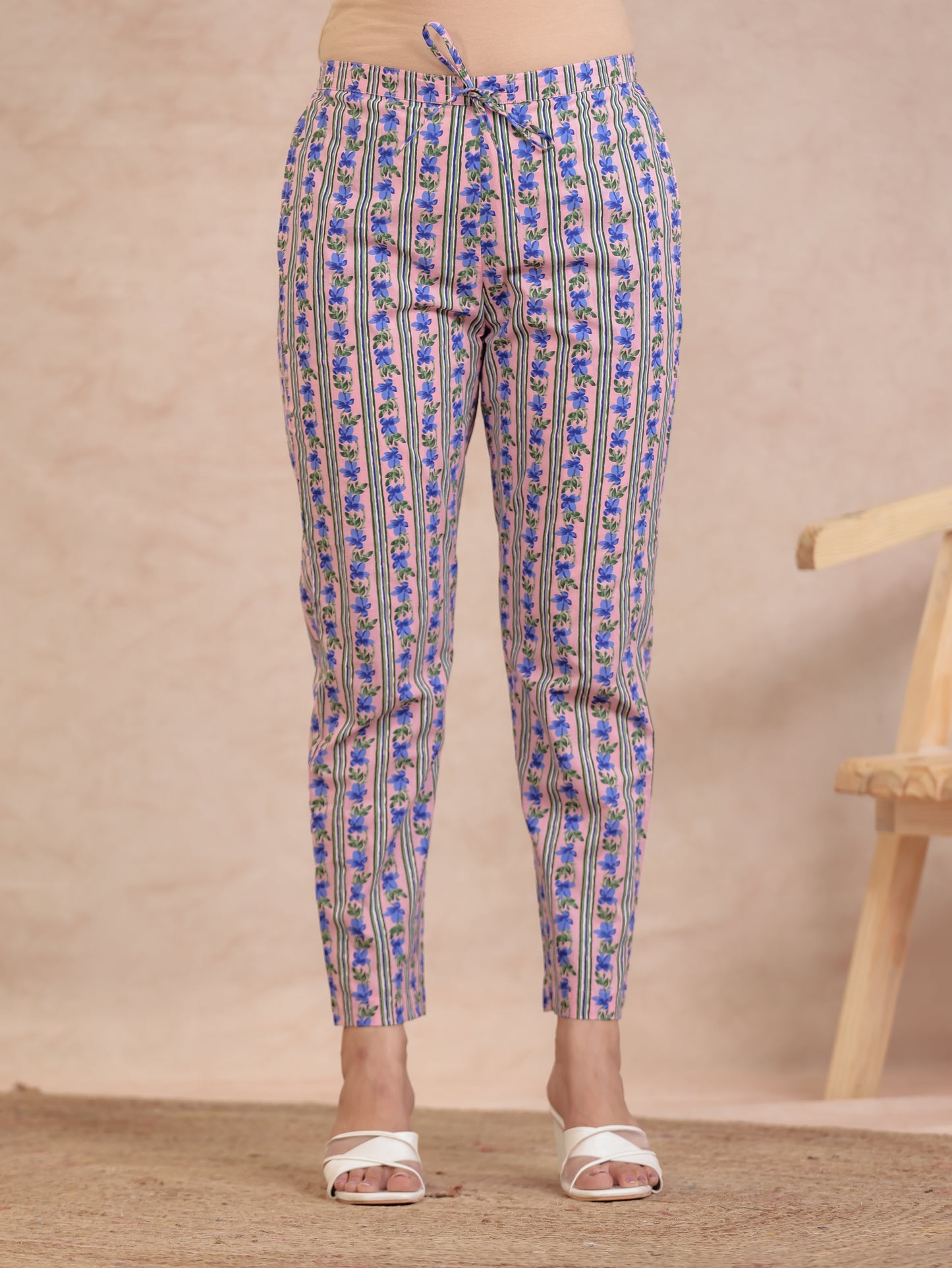 Soft Cotton Floral Pink Tapered Trousers