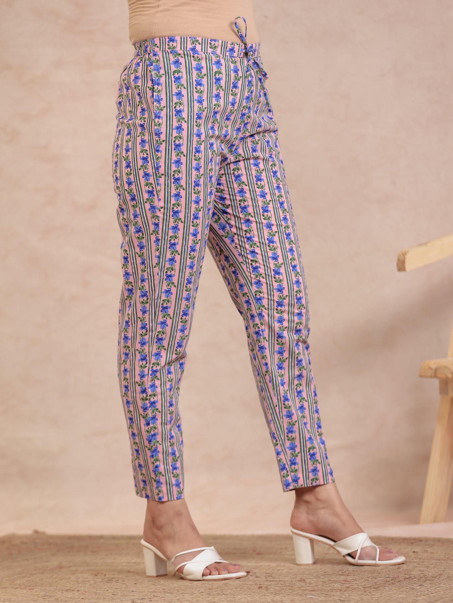 Soft Cotton Floral Pink Tapered Trousers