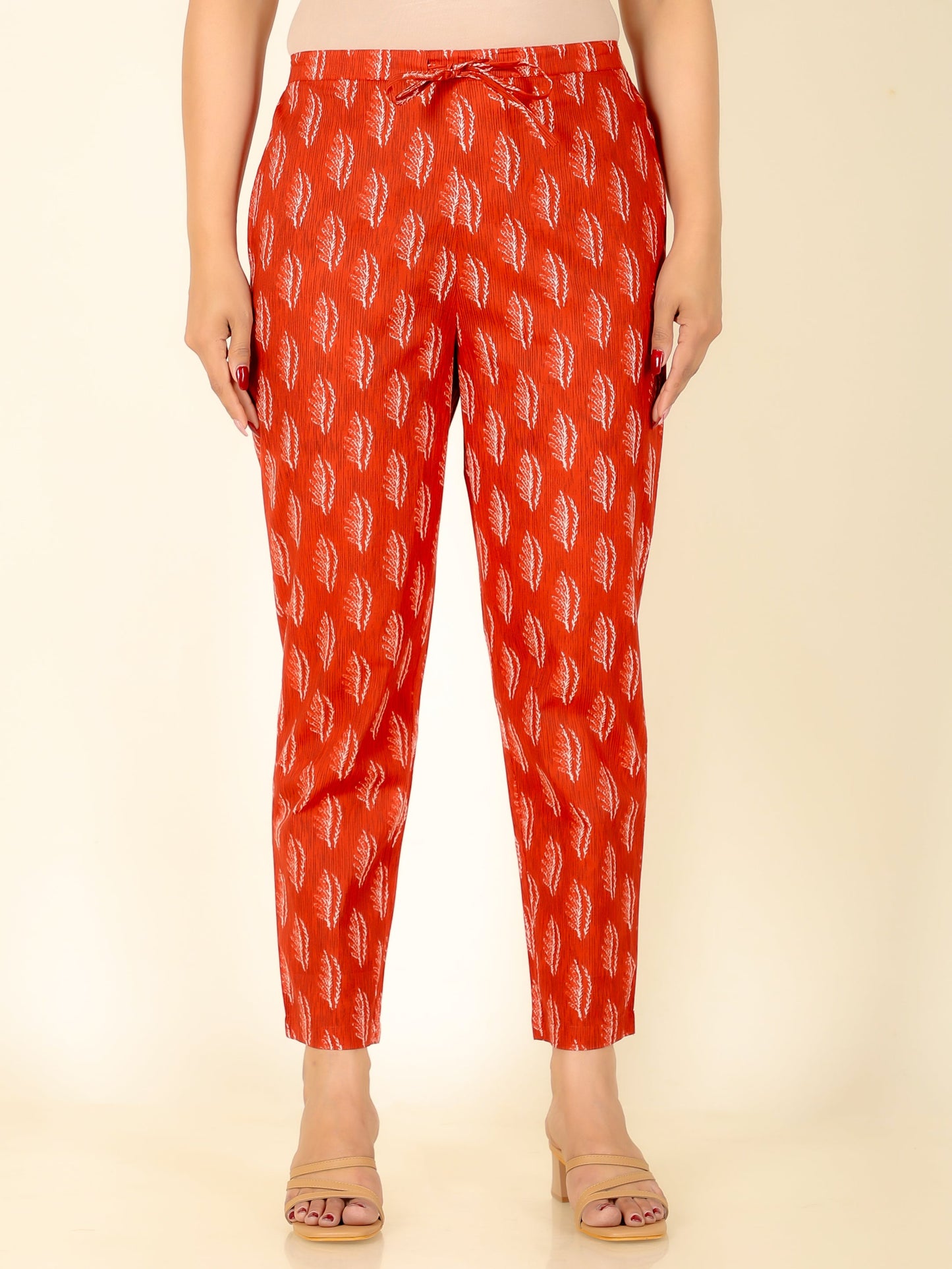 Soft Cotton Abstract Red Tapered Trousers