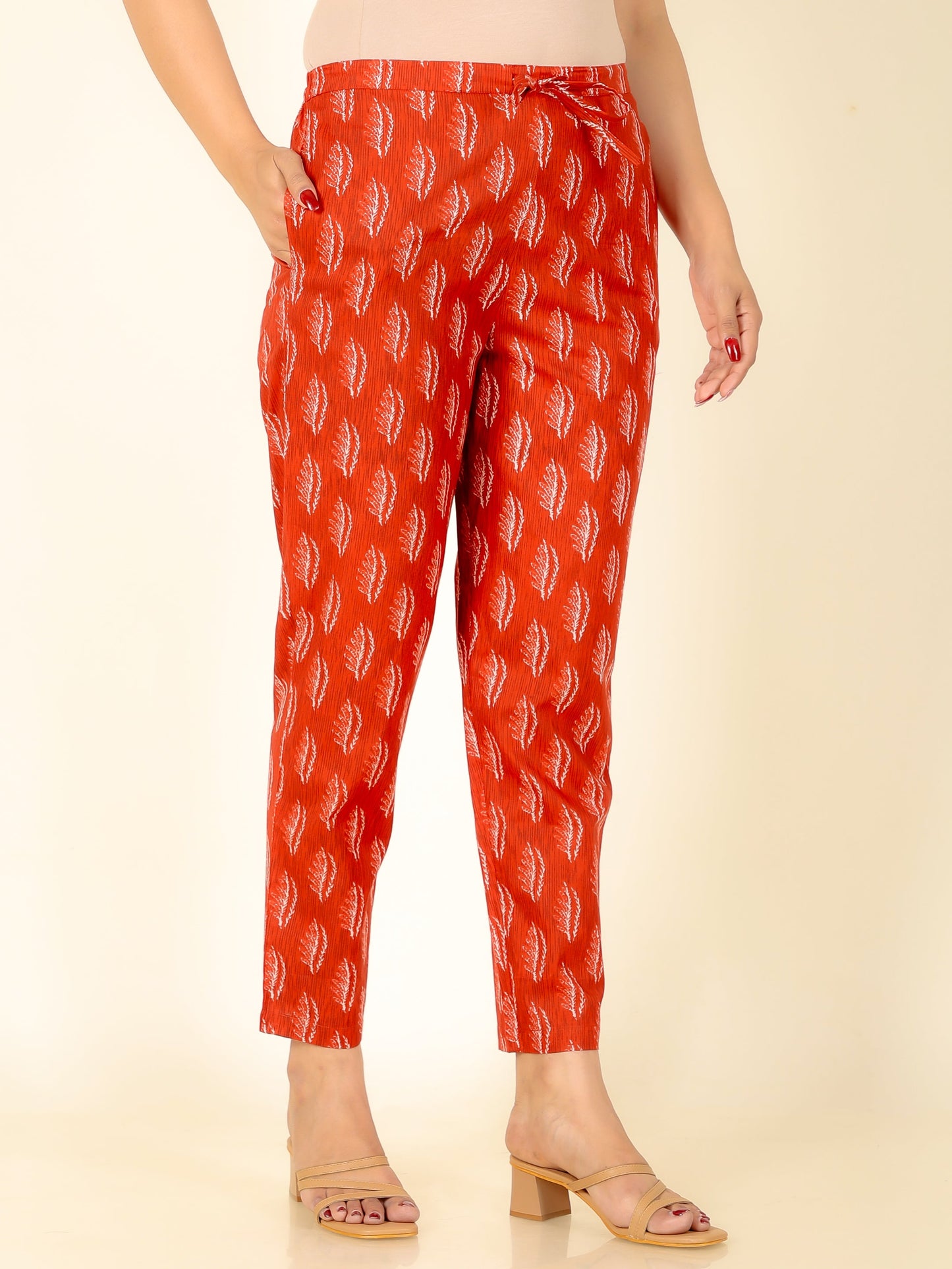 Soft Cotton Abstract Red Tapered Trousers