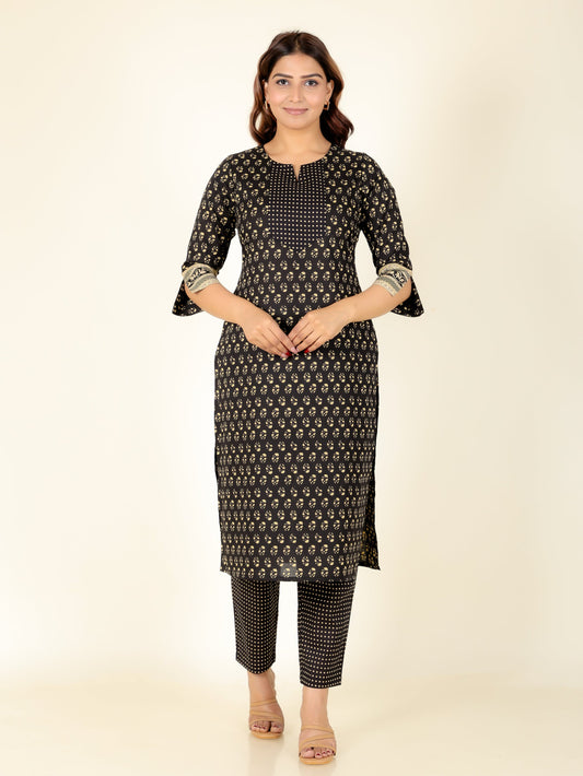 Soft Cotton Butti Straight Black Kurta