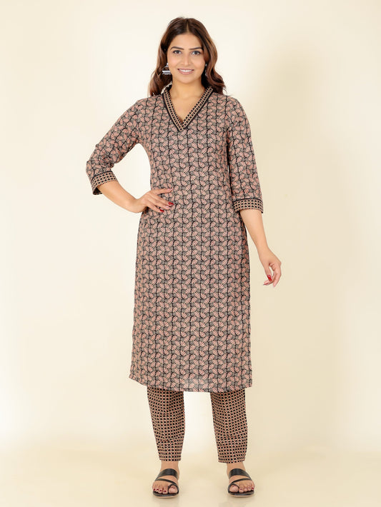 Soft Cotton Floral Straight Black Kurta