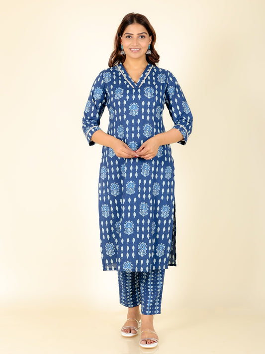 Soft Cotton Floral Straight Blue Kurta