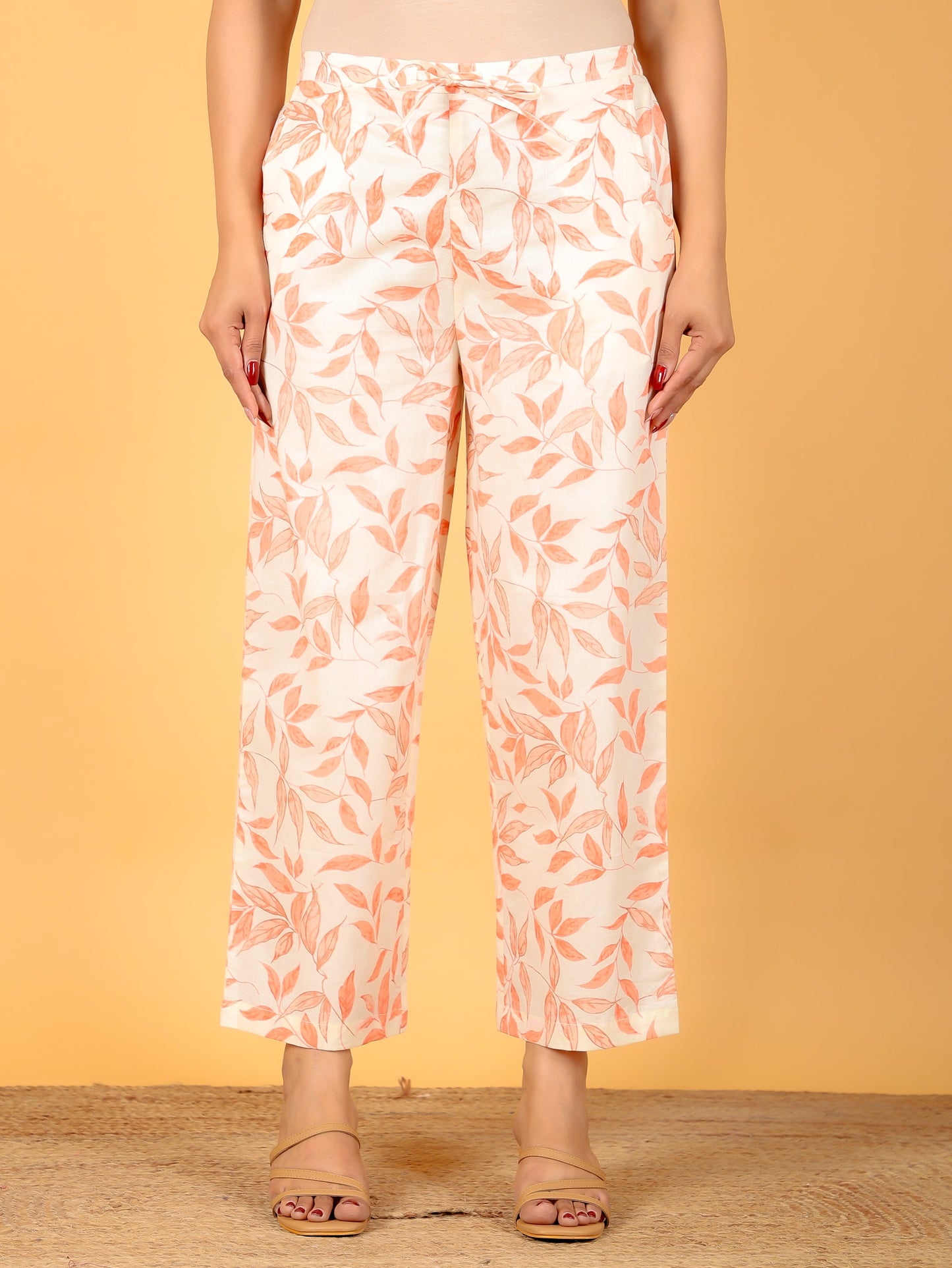 Soft Cotton Floral Off-White Straight Trousers
