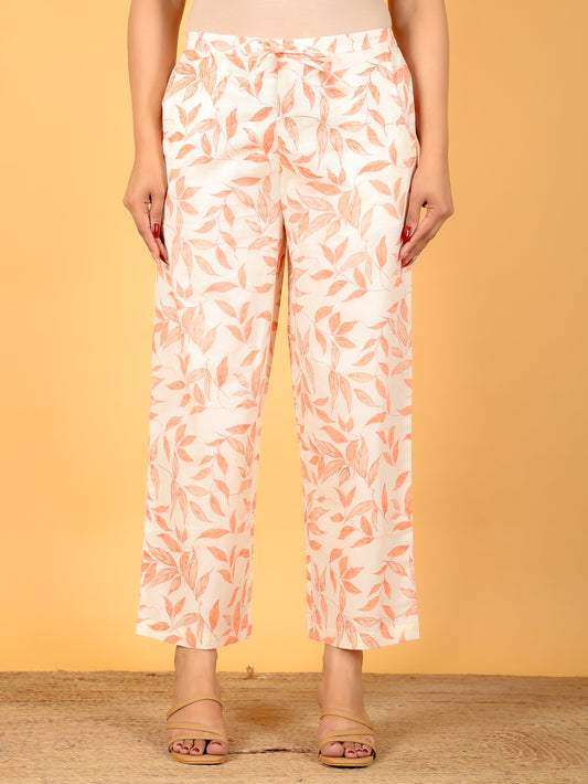 Soft Cotton Floral Off-White Straight Trousers