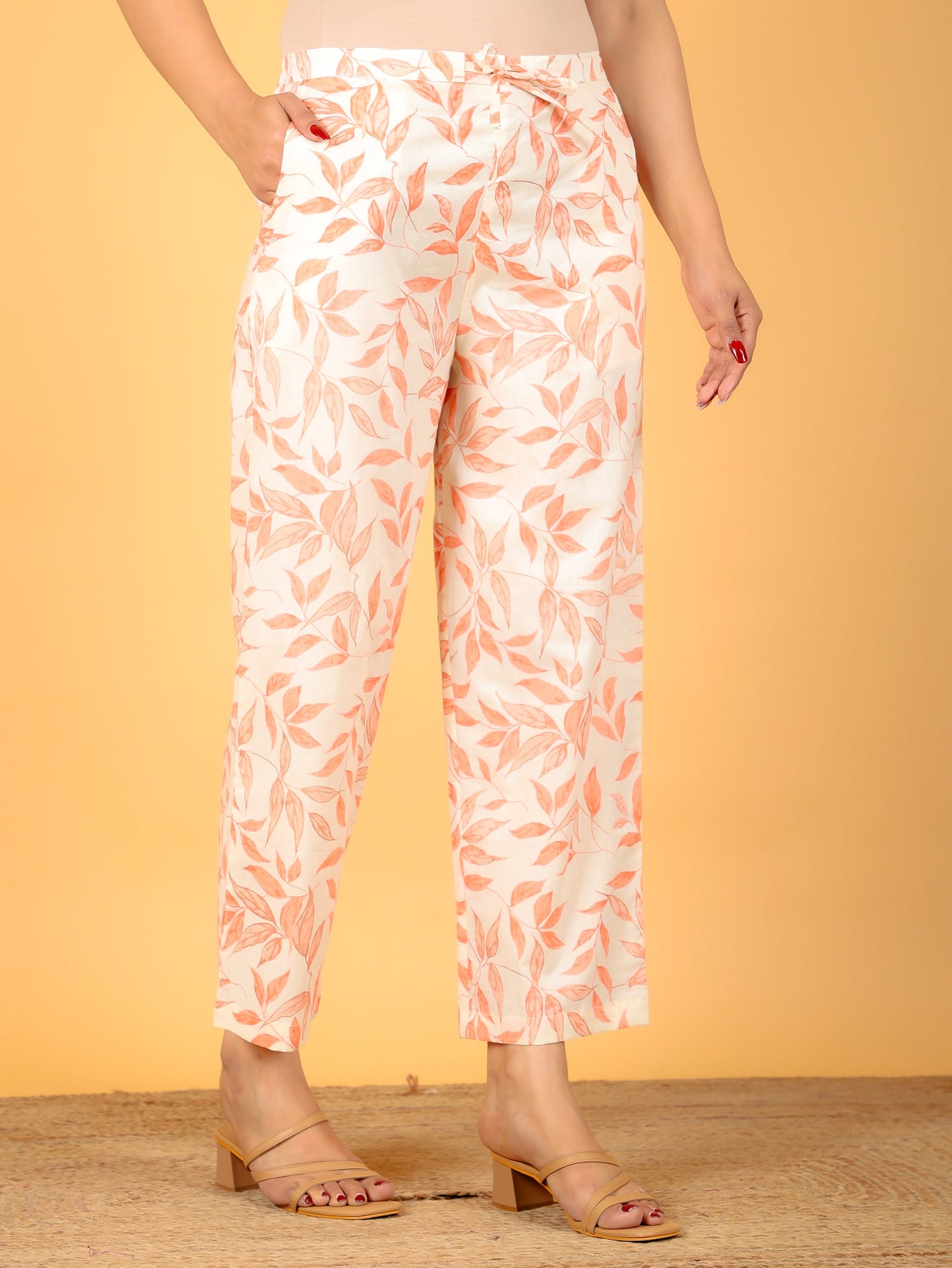 Soft Cotton Floral Off-White Straight Trousers