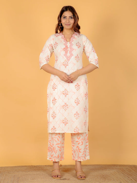 Soft Cotton Floral Straight Off-White Kurta