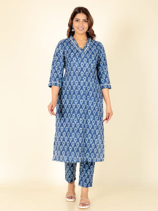 Soft Cotton Floral Straight Indigo blue Kurta
