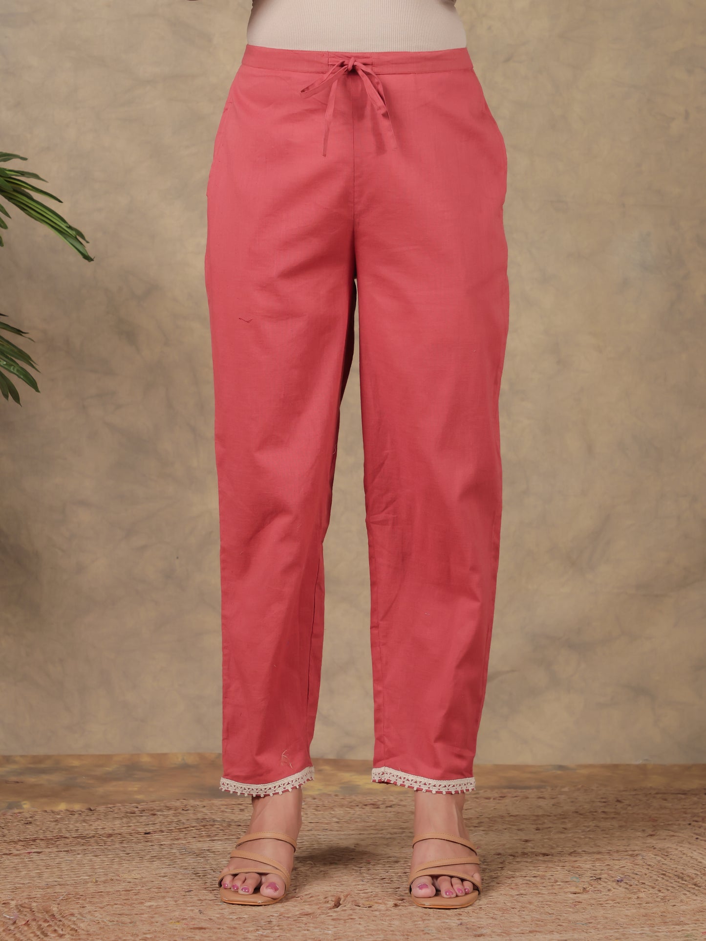 Natural Cotton Solid Rust Orange Tapered Trousers