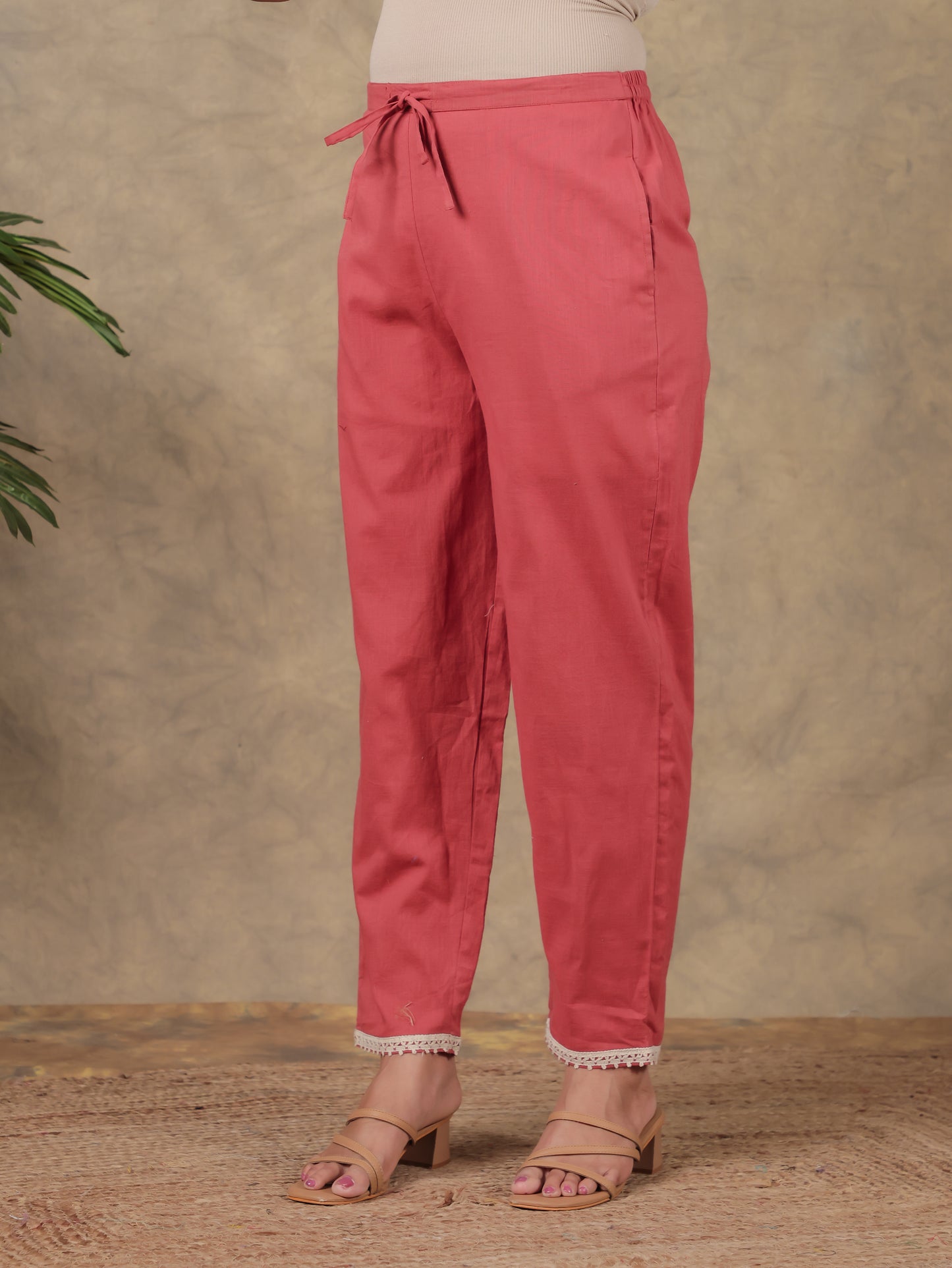Natural Cotton Solid Rust Orange Tapered Trousers