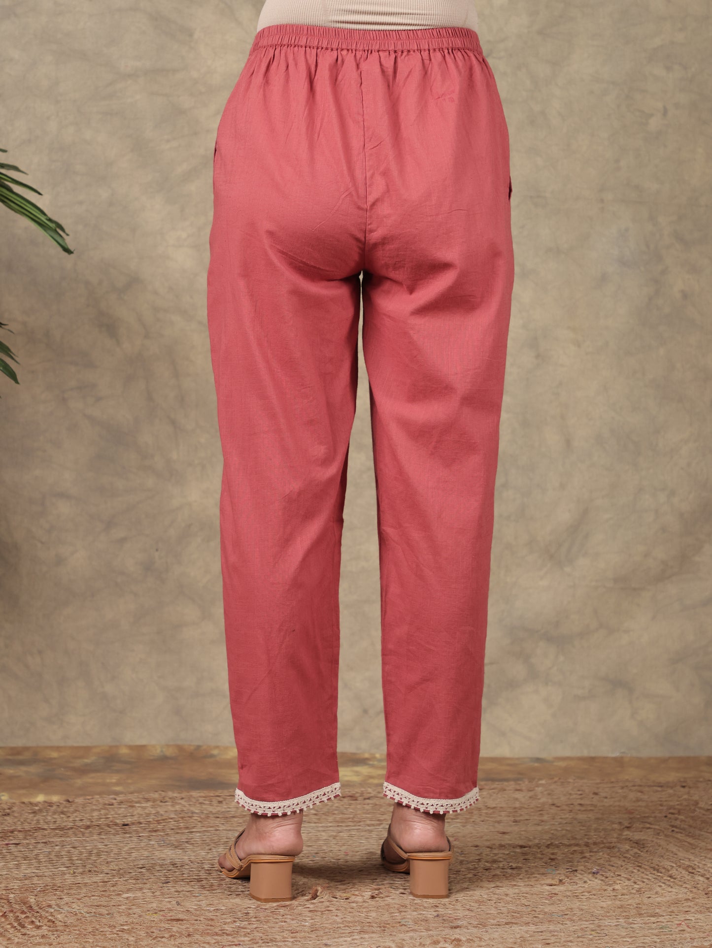 Natural Cotton Solid Rust Orange Tapered Trousers