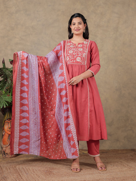 Cotton Voile Floral Rust Dupatta