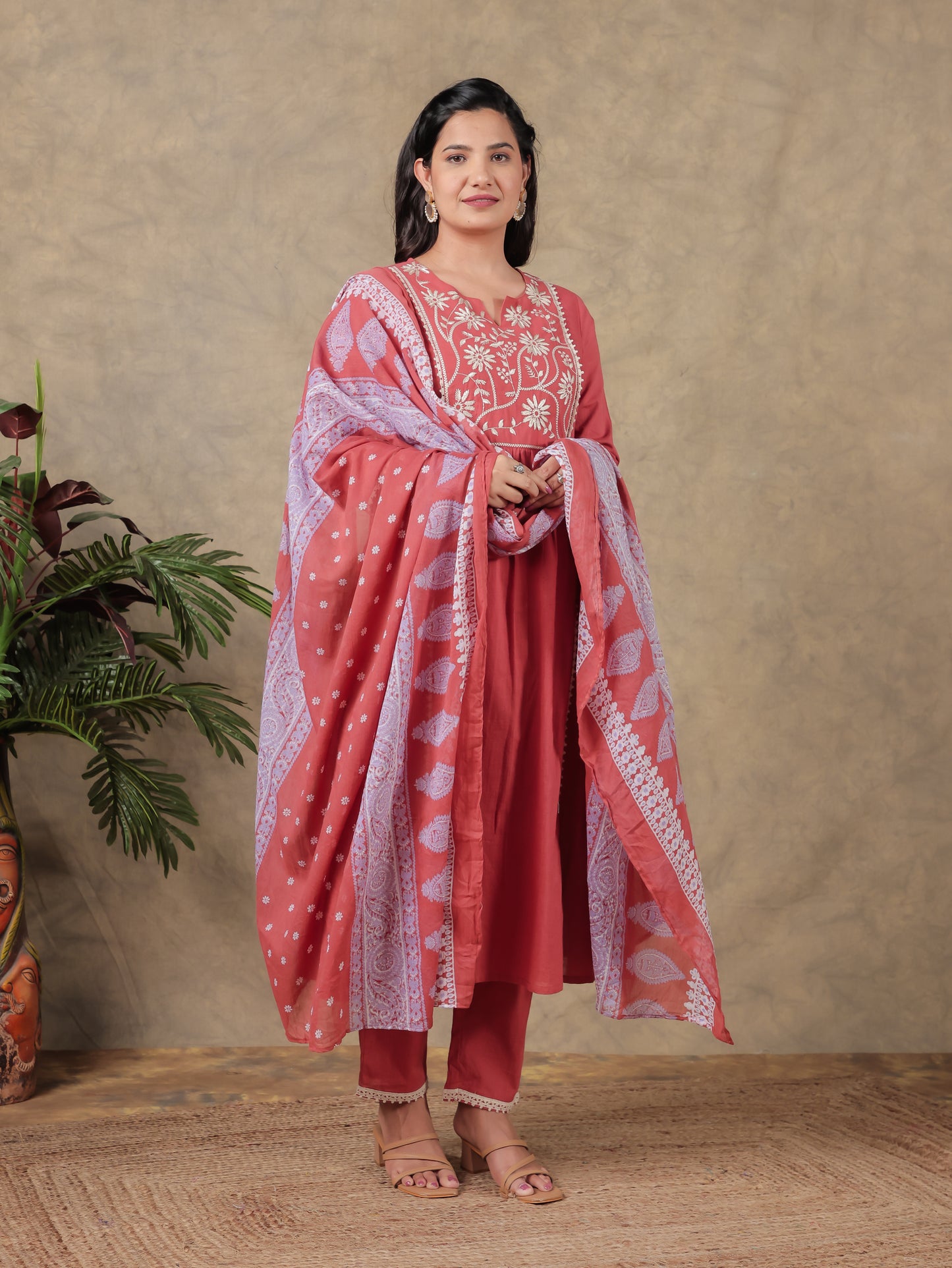 Cotton Voile Floral Rust Dupatta