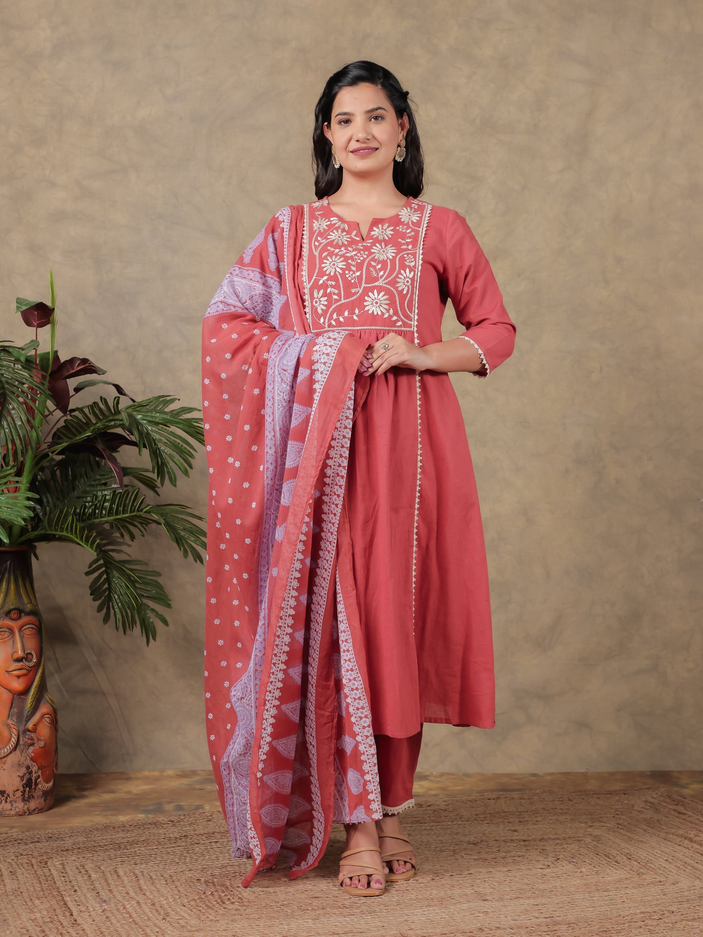 Cotton Voile Floral Rust Dupatta