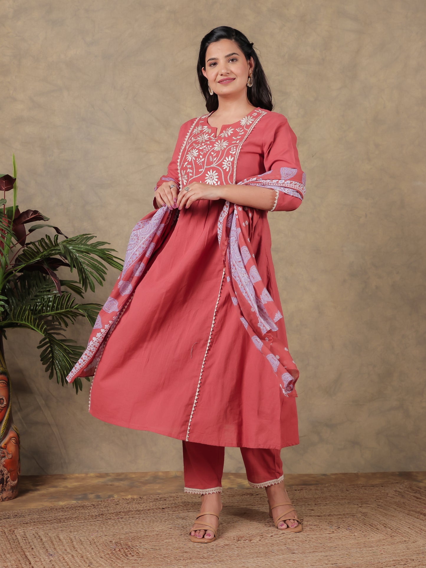 Cotton Voile Floral Rust Dupatta