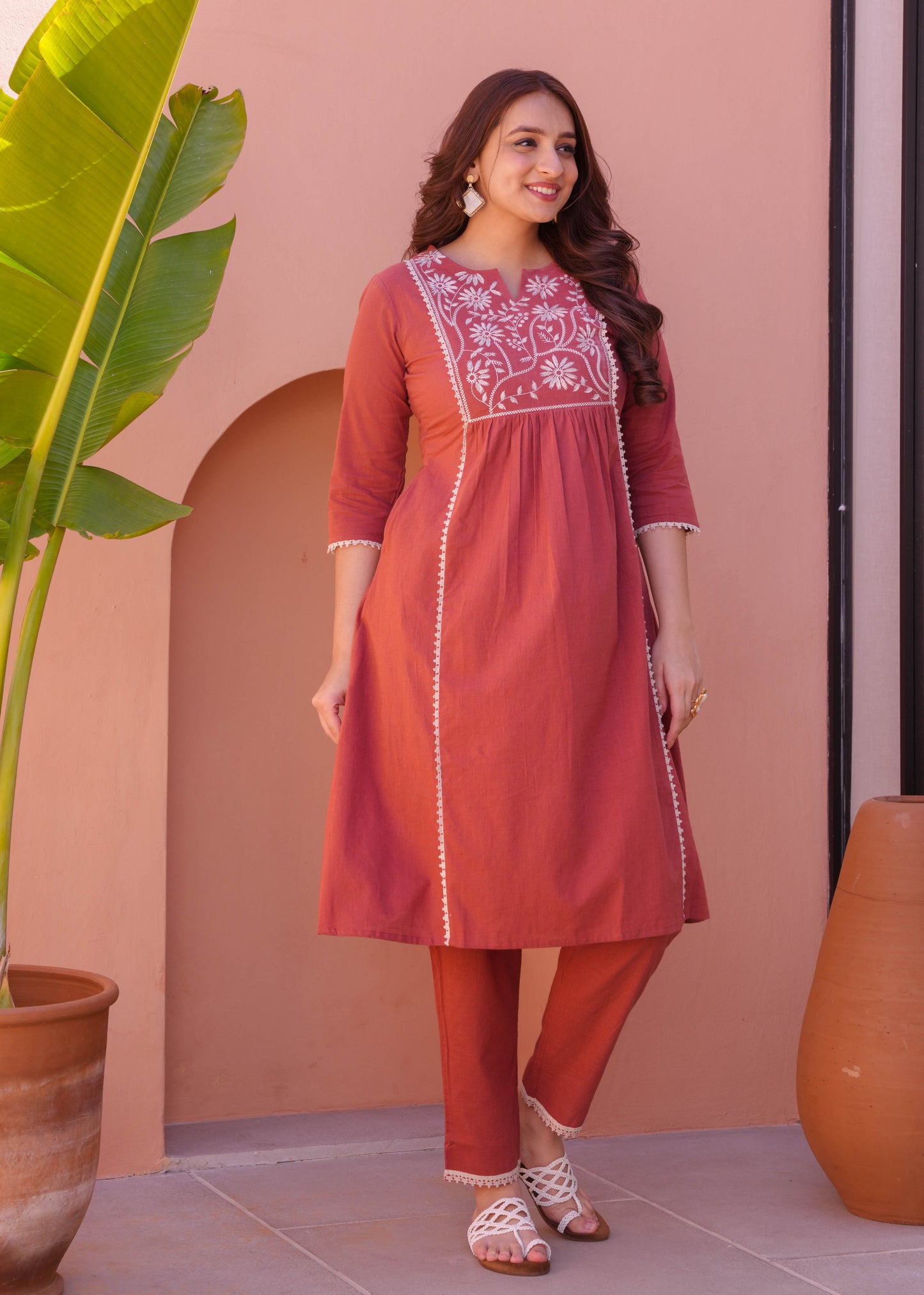 Embroidered Natural Cotton Solid Flared Rust Orange Kurta