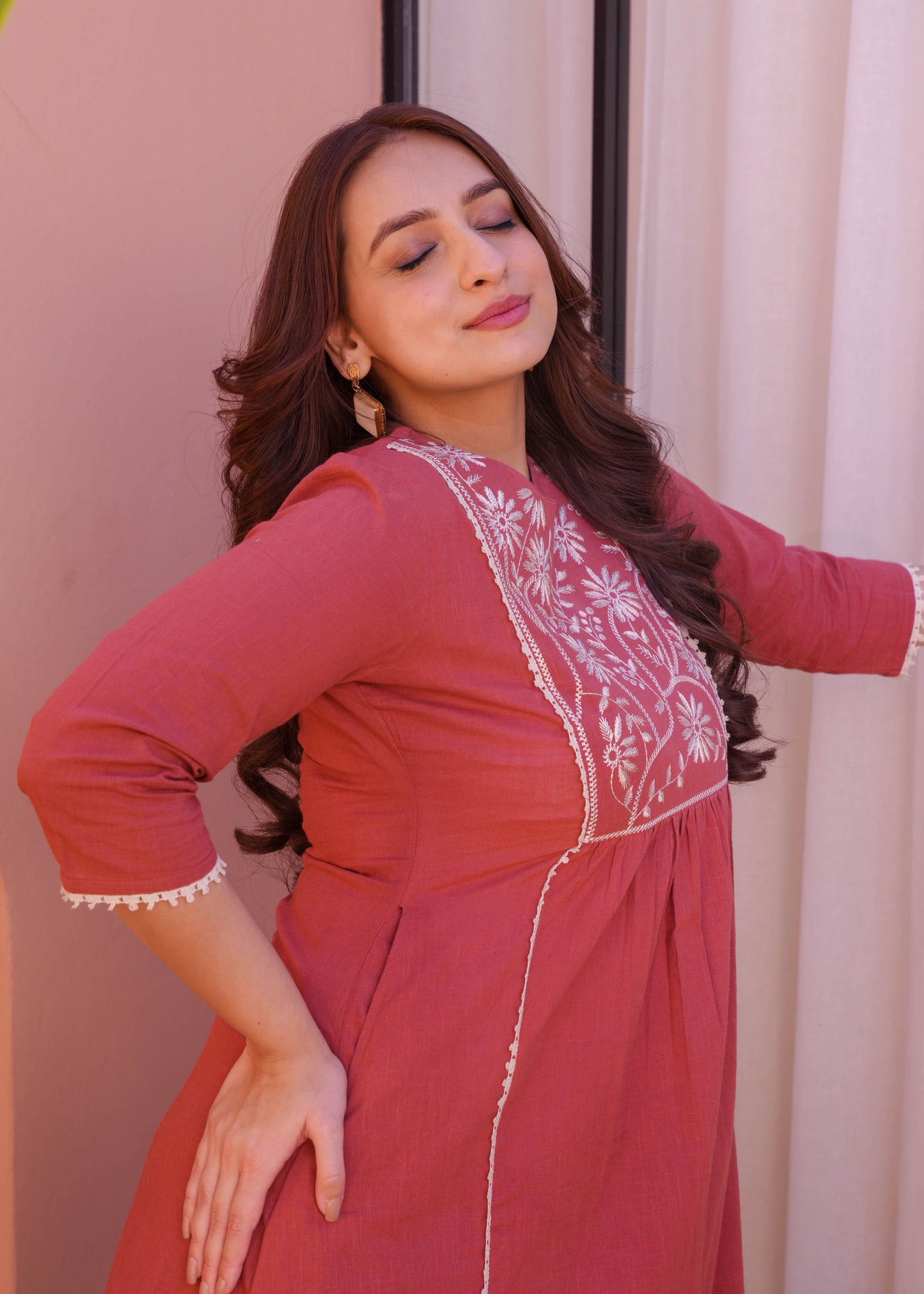 Embroidered Natural Cotton Solid Flared Rust Orange Kurta