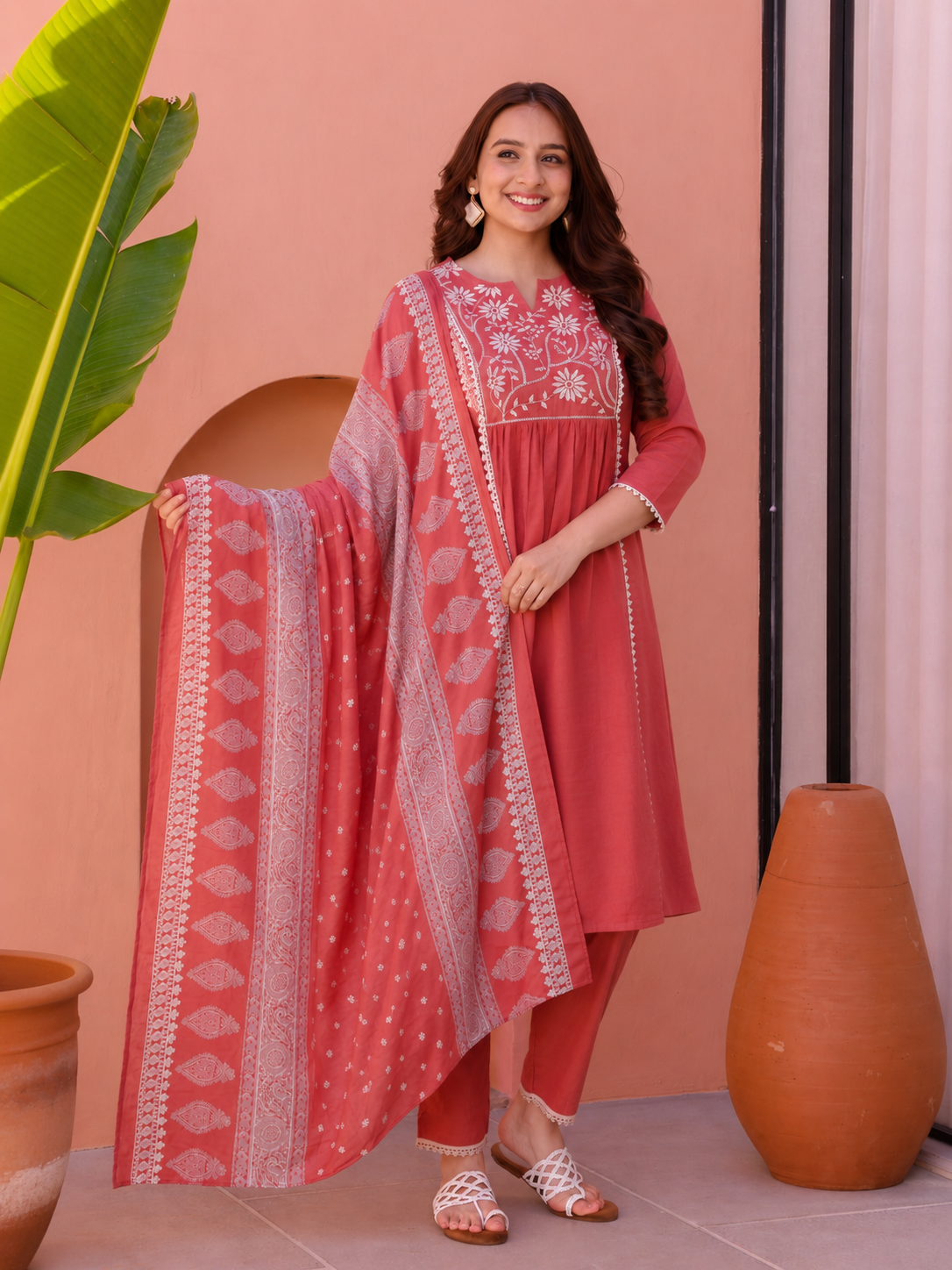 Embroidered Khadi Cotton Solid Red Kurta
