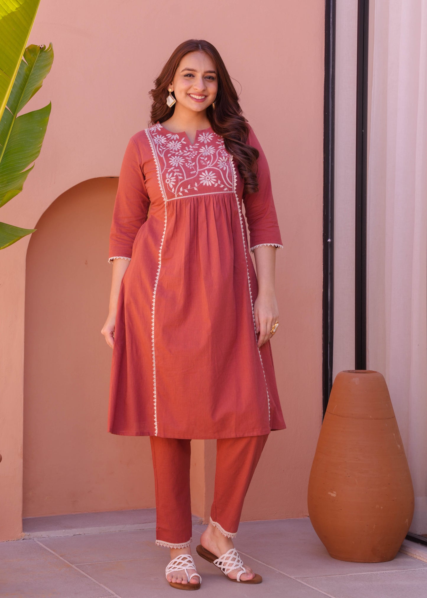 Embroidered Natural Cotton Solid Flared Rust Orange Kurta