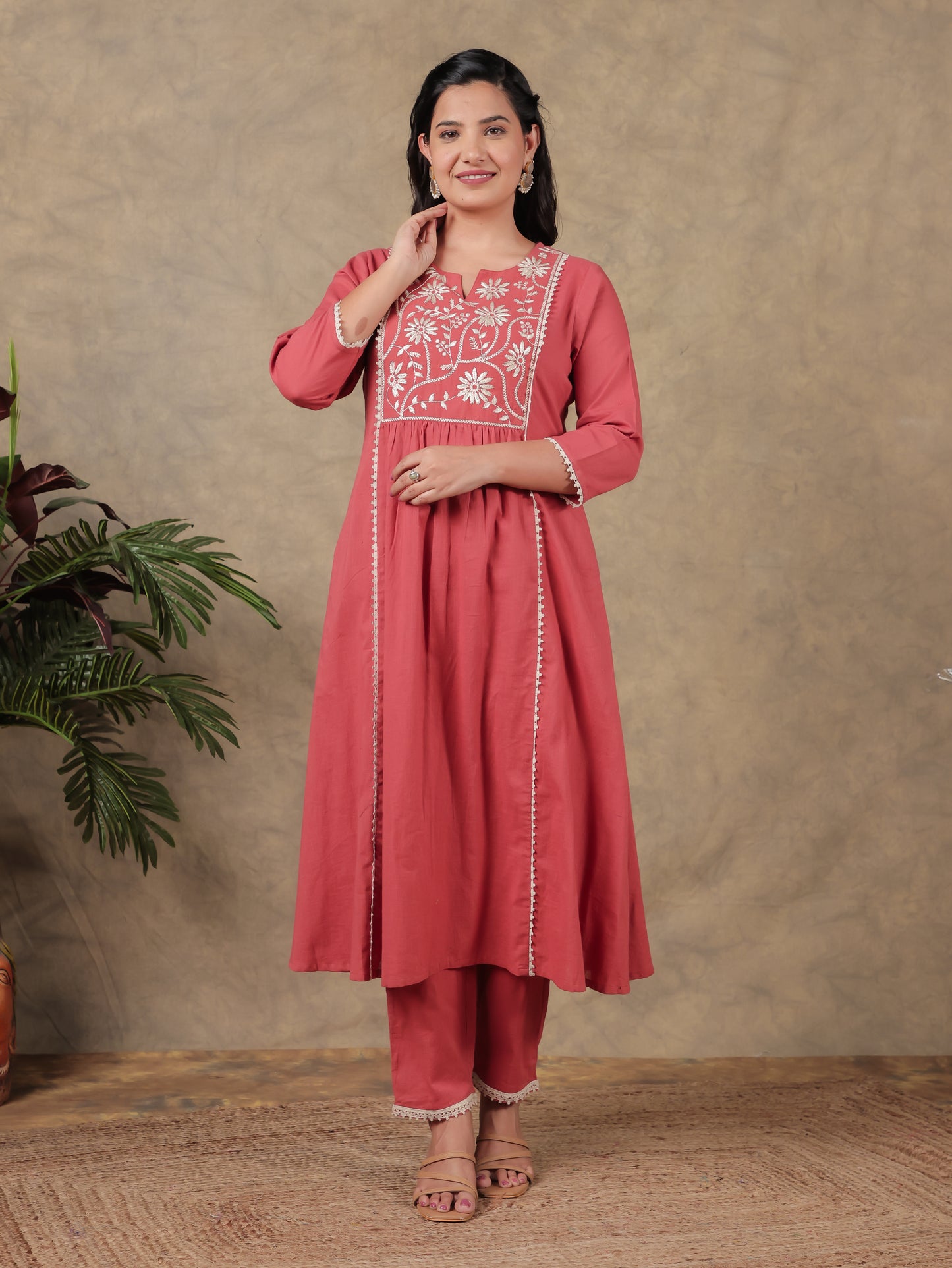 Embroidered Khadi Cotton Solid Red Kurta