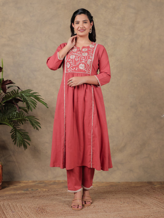 Embroidered Khadi Cotton Solid Red Kurta