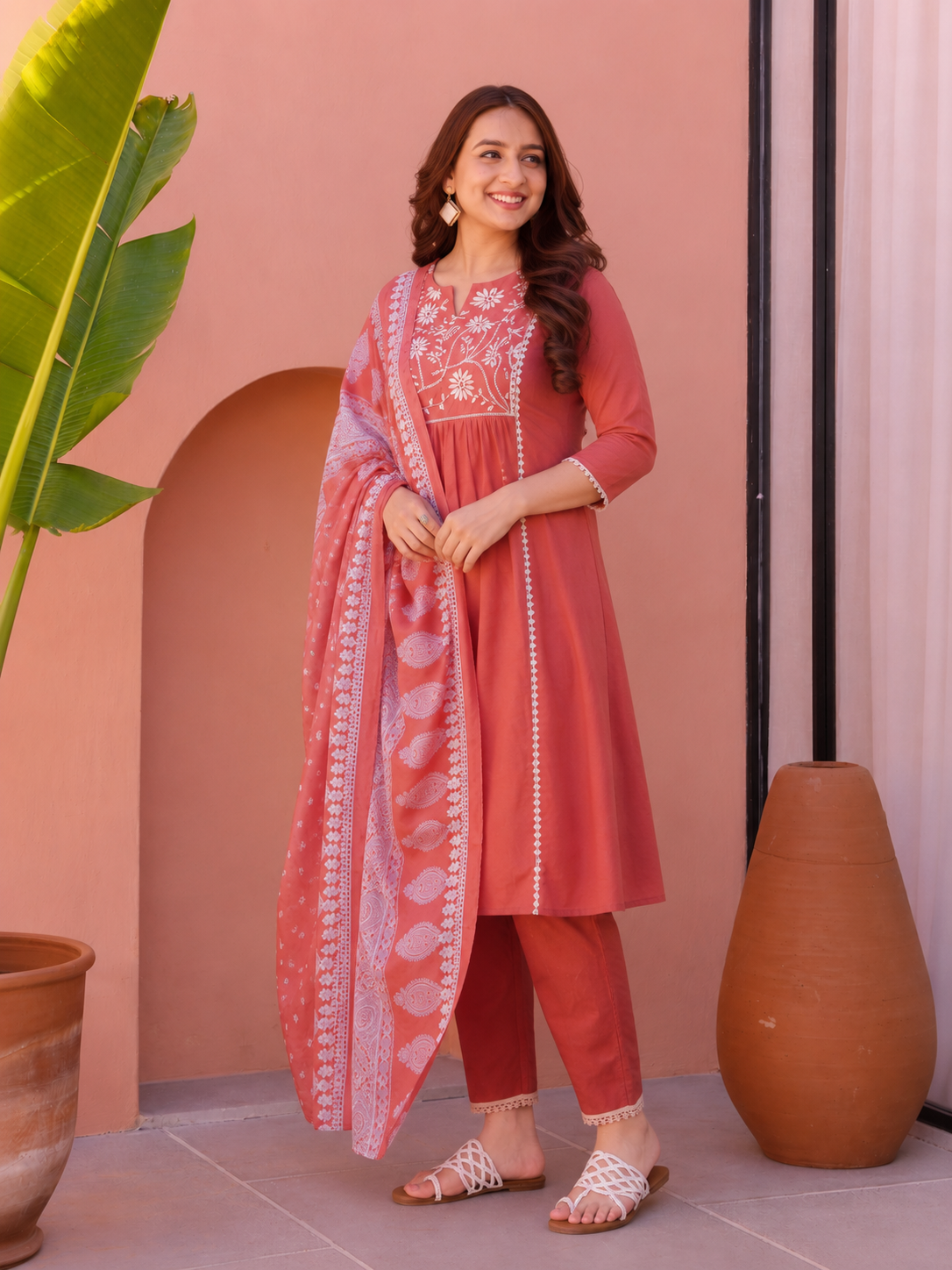Embroidered Khadi Cotton Solid Red Kurta