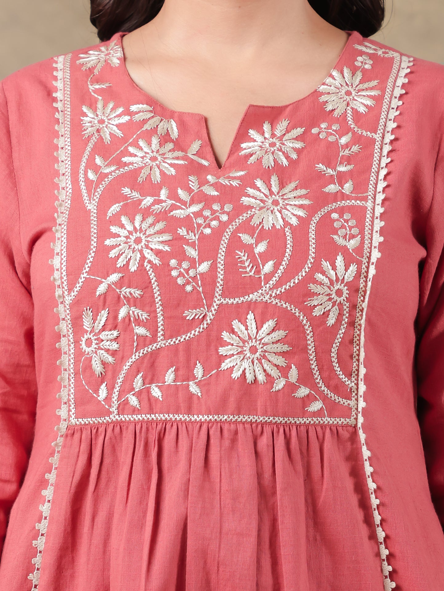 Embroidered Khadi Cotton Solid Red Kurta