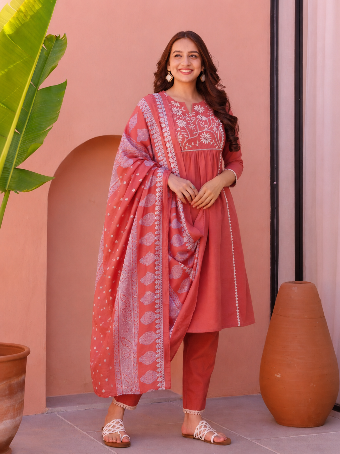 Embroidered Khadi Cotton Solid Red Kurta