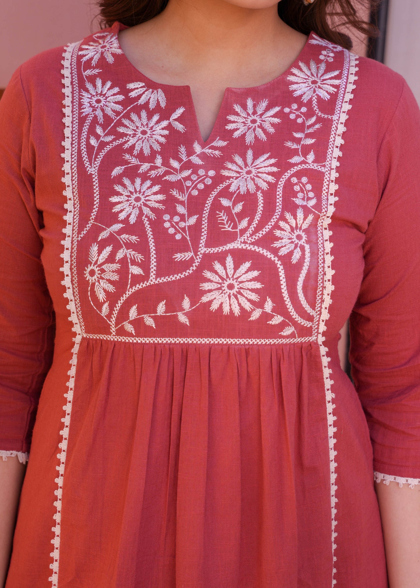 Embroidered Natural Cotton Solid Flared Rust Orange Kurta