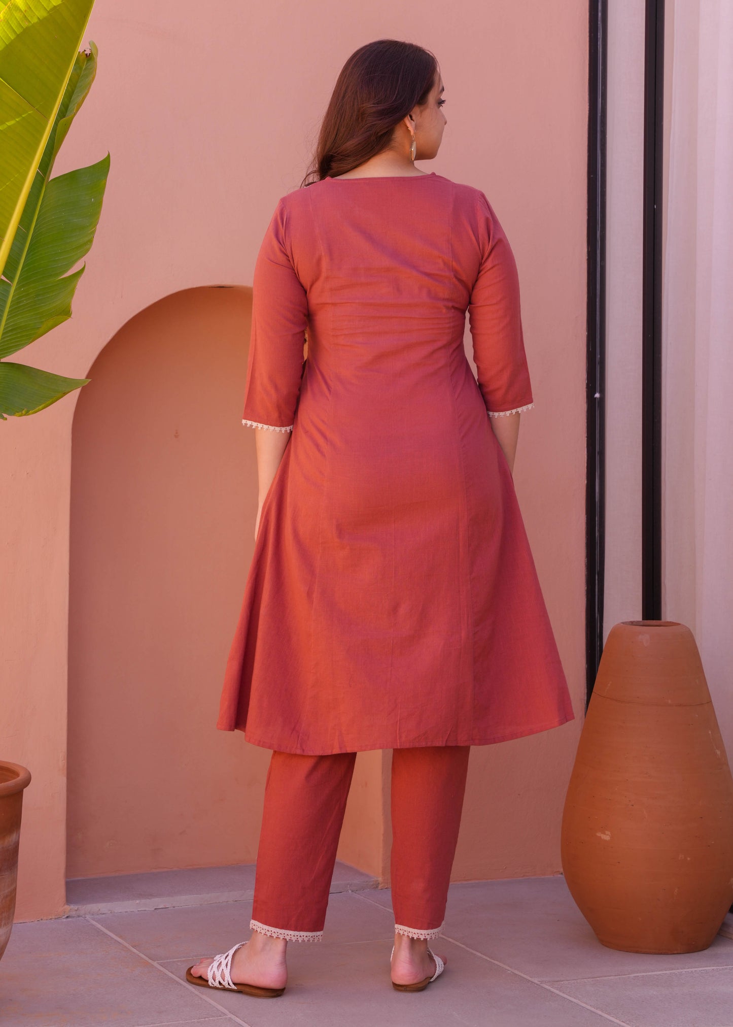 Embroidered Natural Cotton Solid Flared Rust Orange Kurta
