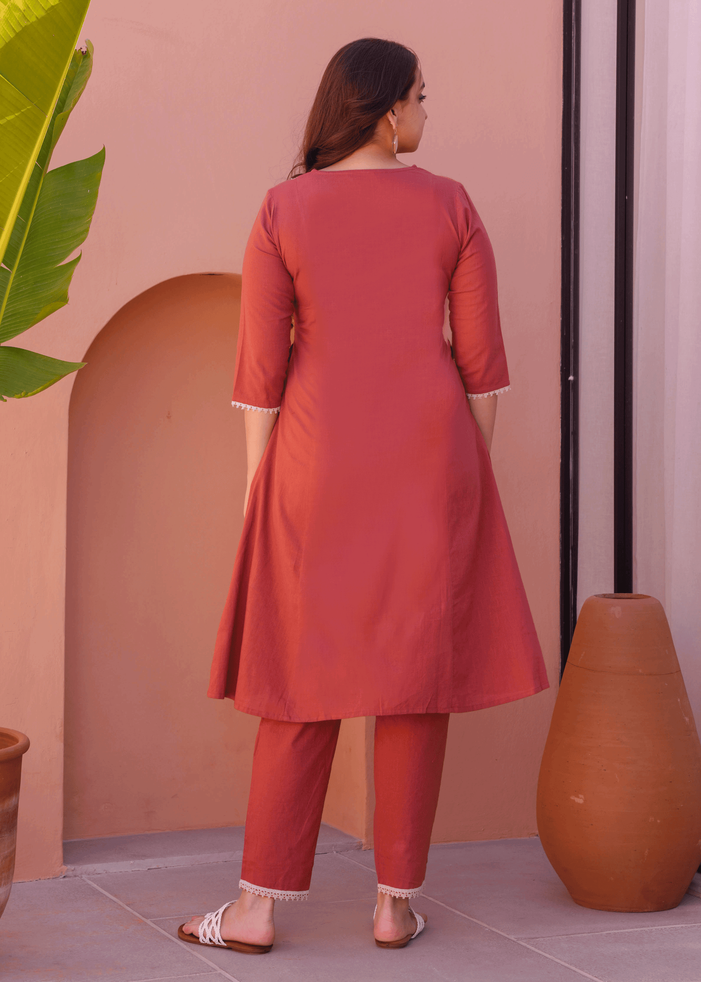Embroidered Khadi Cotton Solid Red Kurta