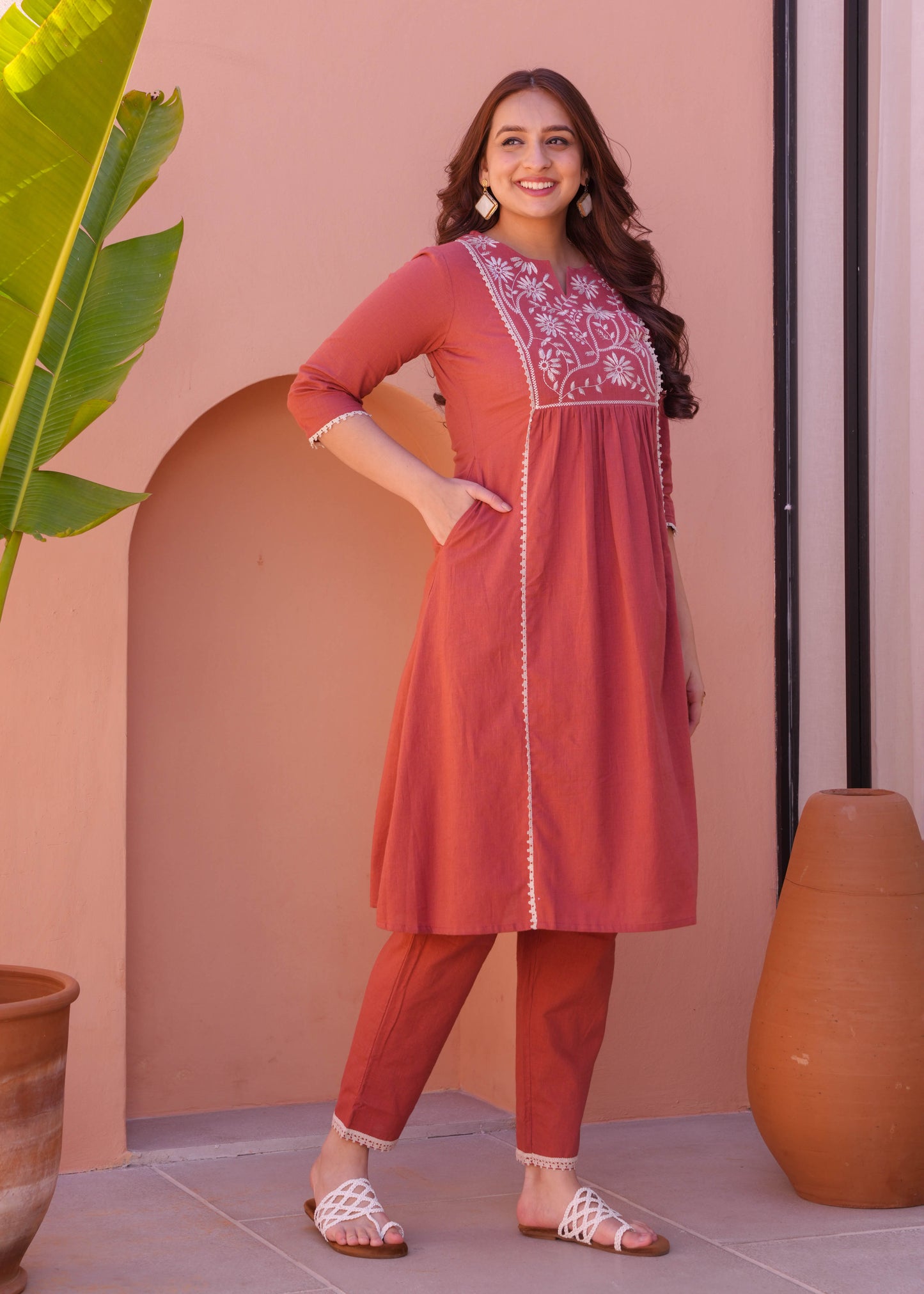 Embroidered Natural Cotton Solid Flared Rust Orange Kurta