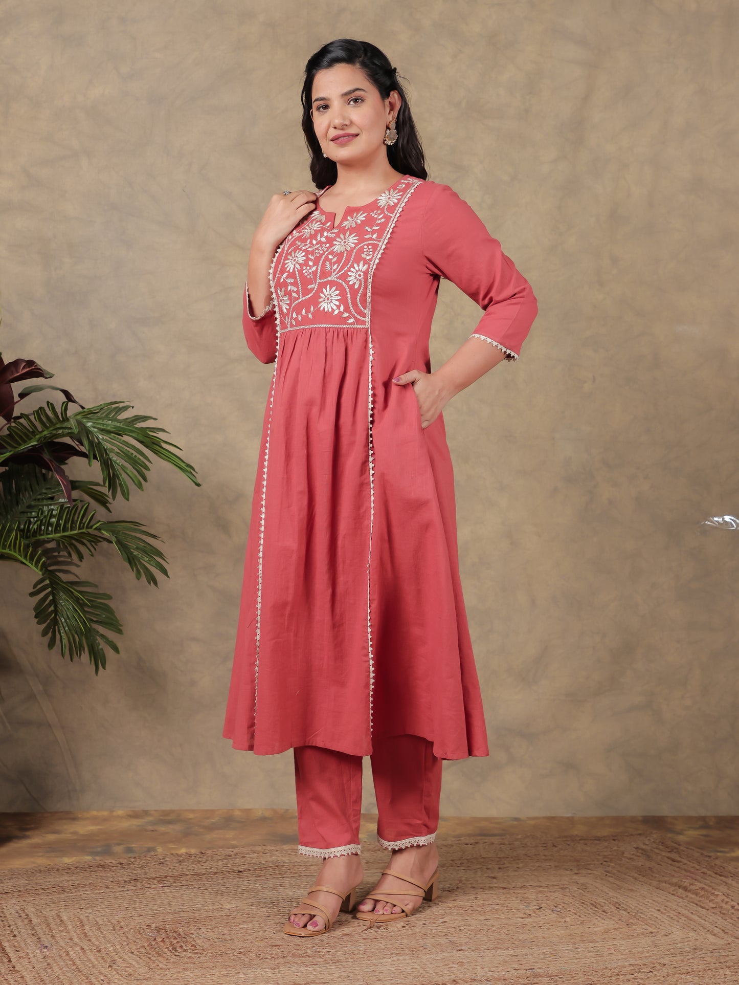Embroidered Khadi Cotton Solid Red Kurta