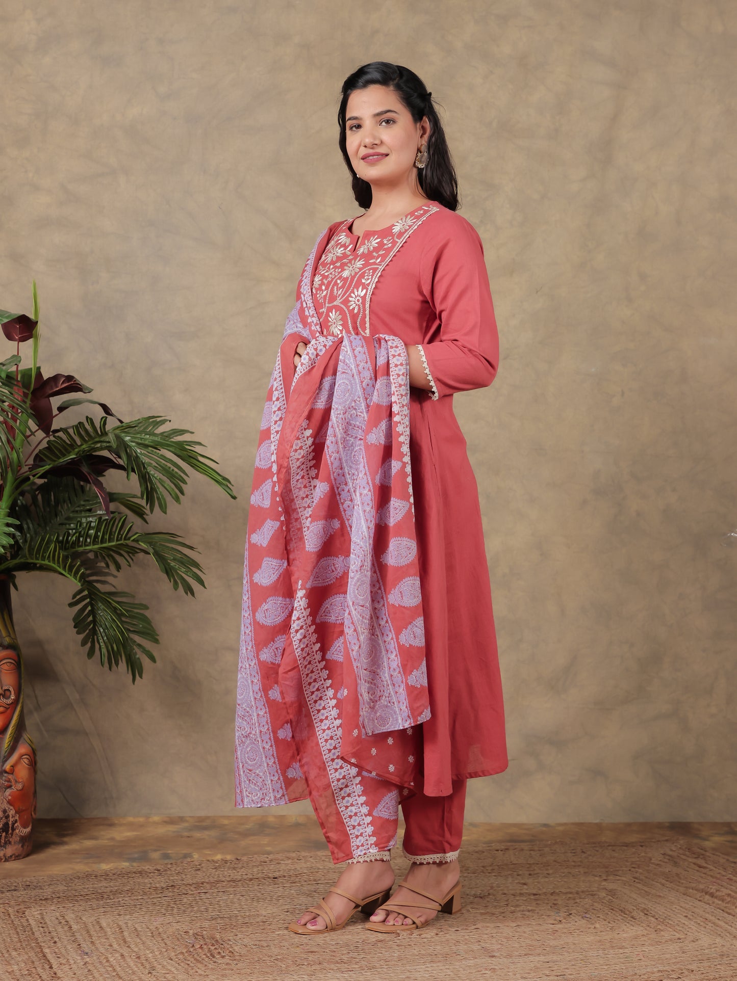 Embroidered Khadi Cotton Solid Red Kurta
