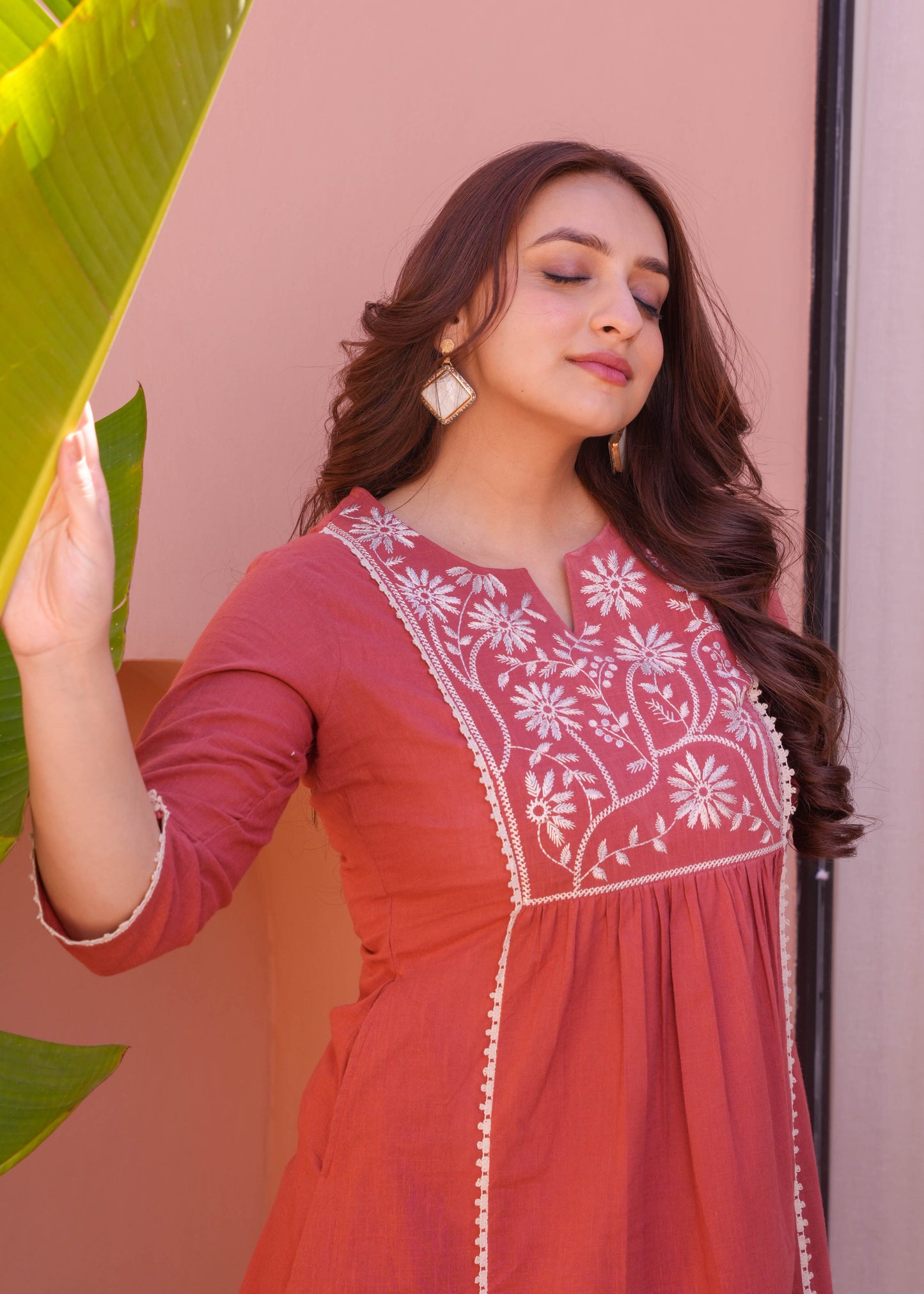 Embroidered Natural Cotton Solid Flared Rust Orange Kurta