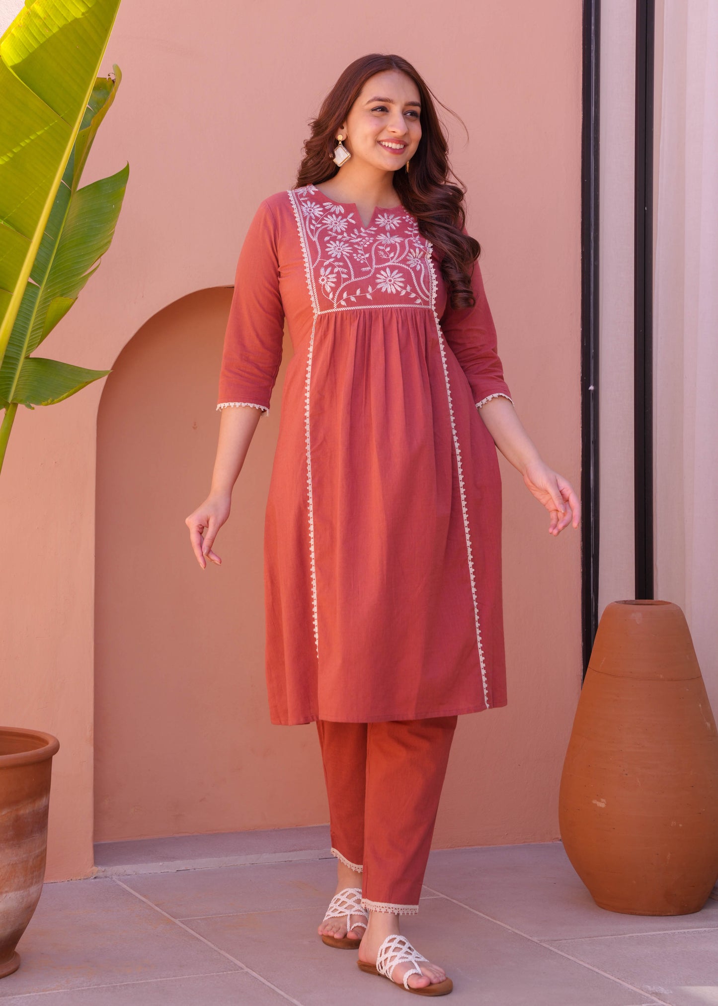 Embroidered Natural Cotton Solid Flared Rust Orange Kurta