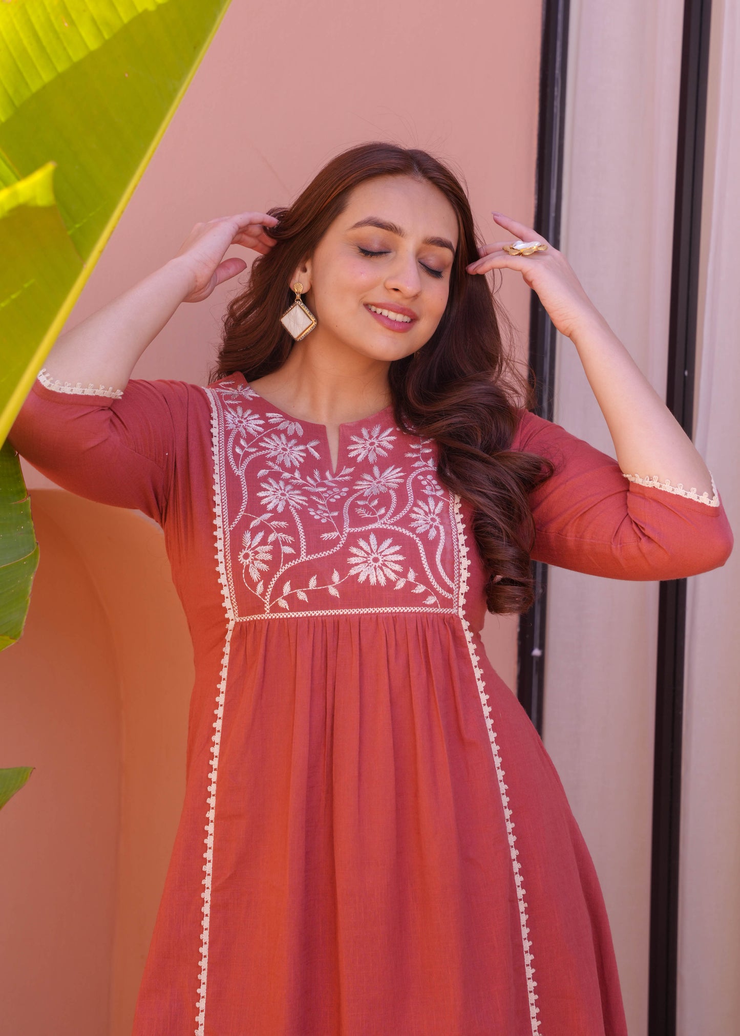 Embroidered Natural Cotton Solid Flared Rust Orange Kurta