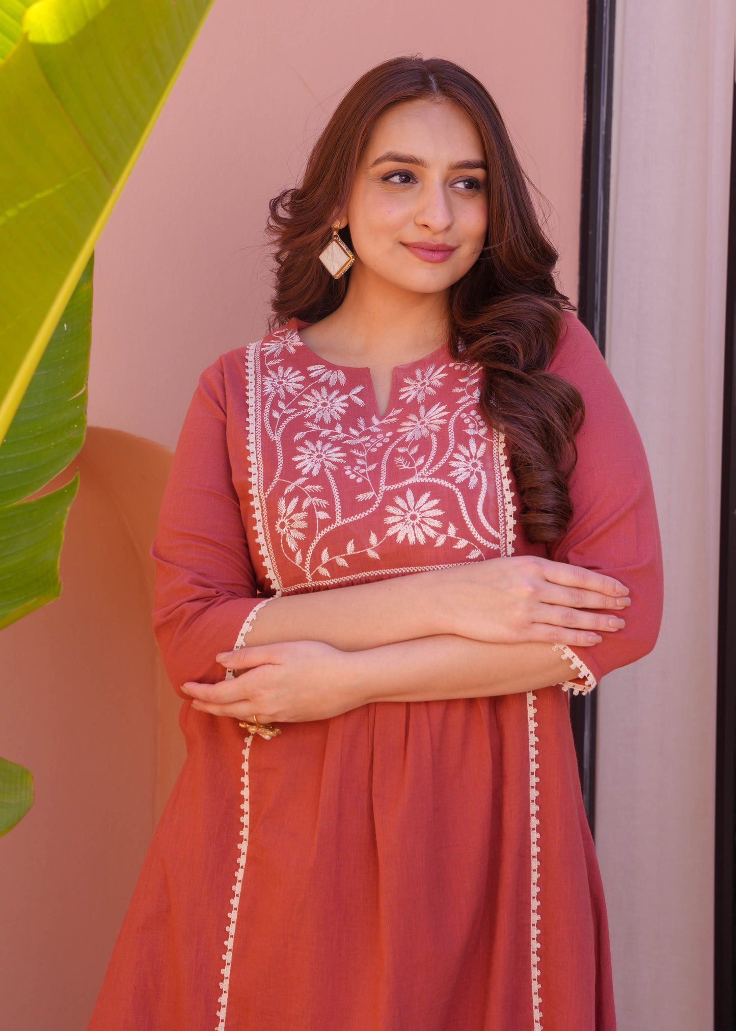 Embroidered Natural Cotton Solid Flared Rust Orange Kurta