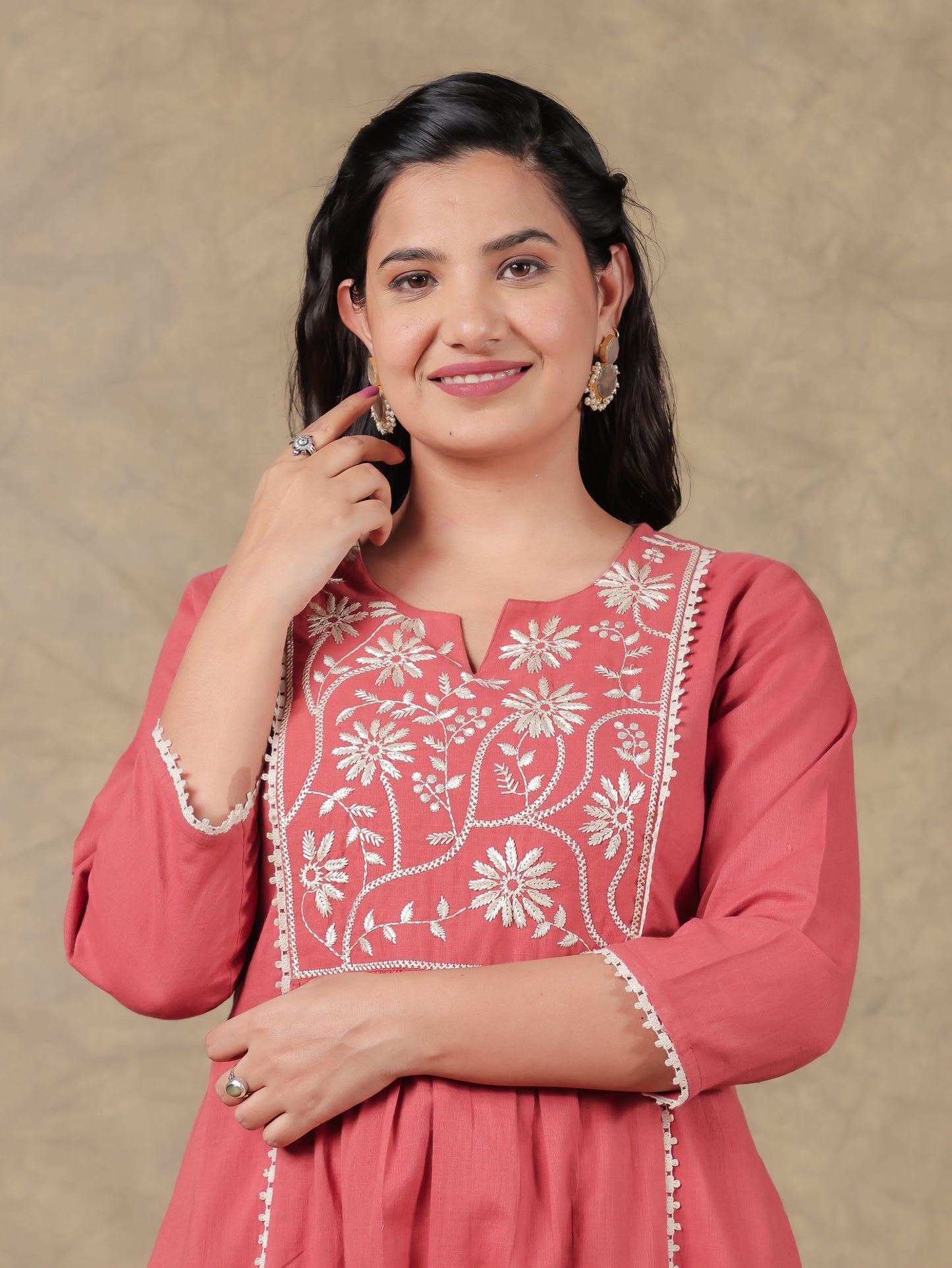 Embroidered Khadi Cotton Solid Red Kurta