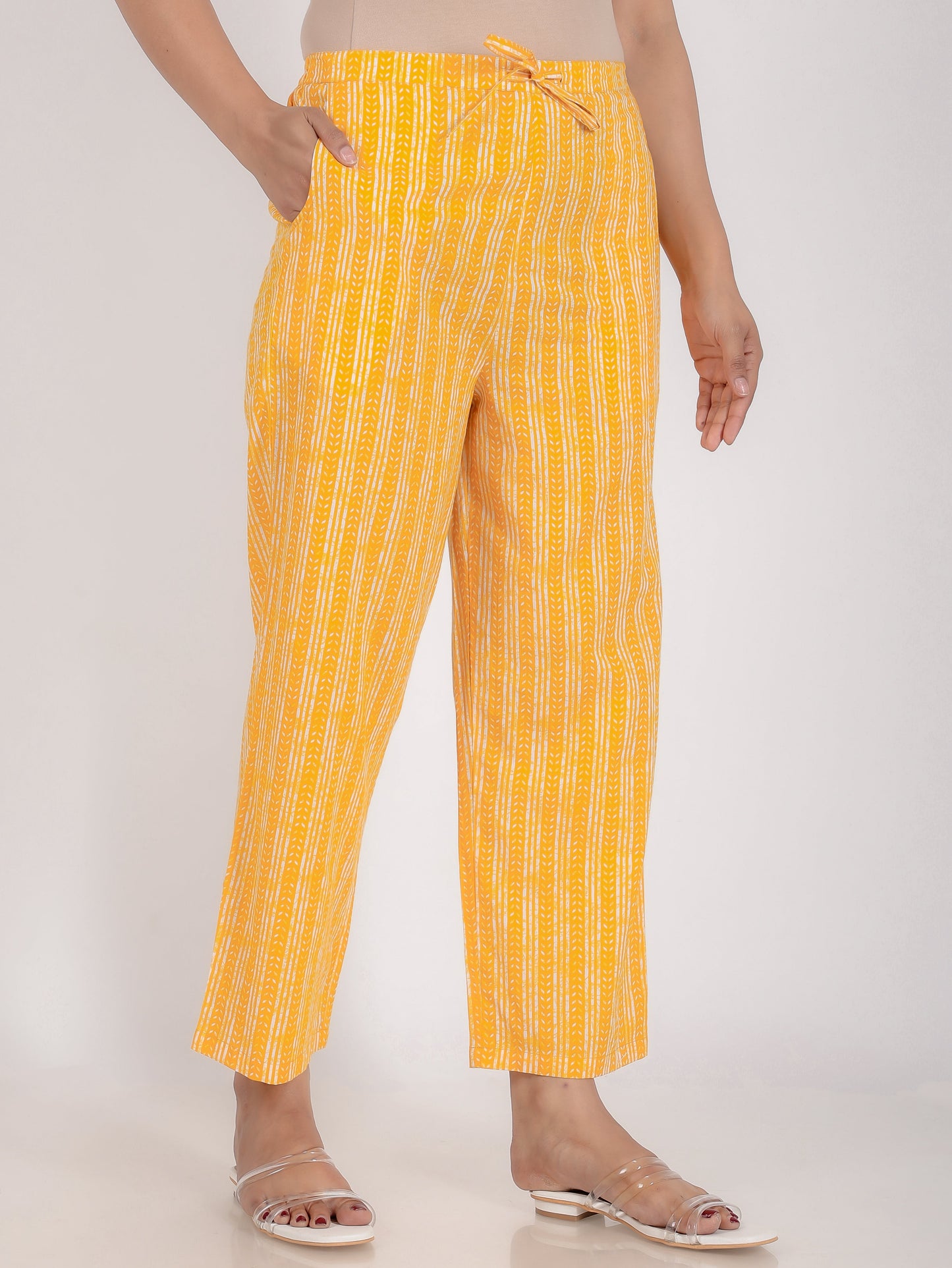 Soft Cotton Striped Yellow Straight Trousers