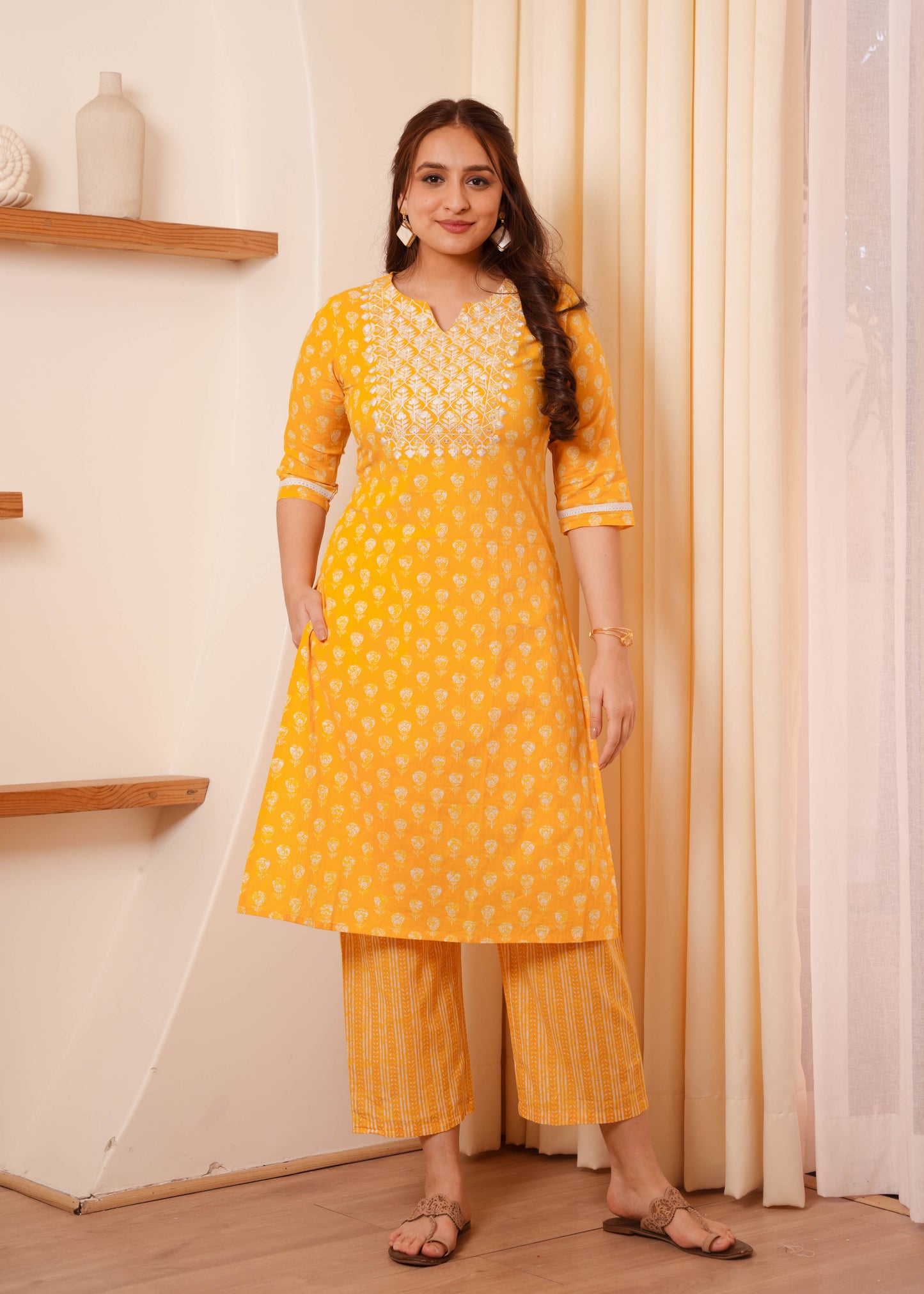 Embroidered Soft Cotton Block Print Straight Yellow Kurta