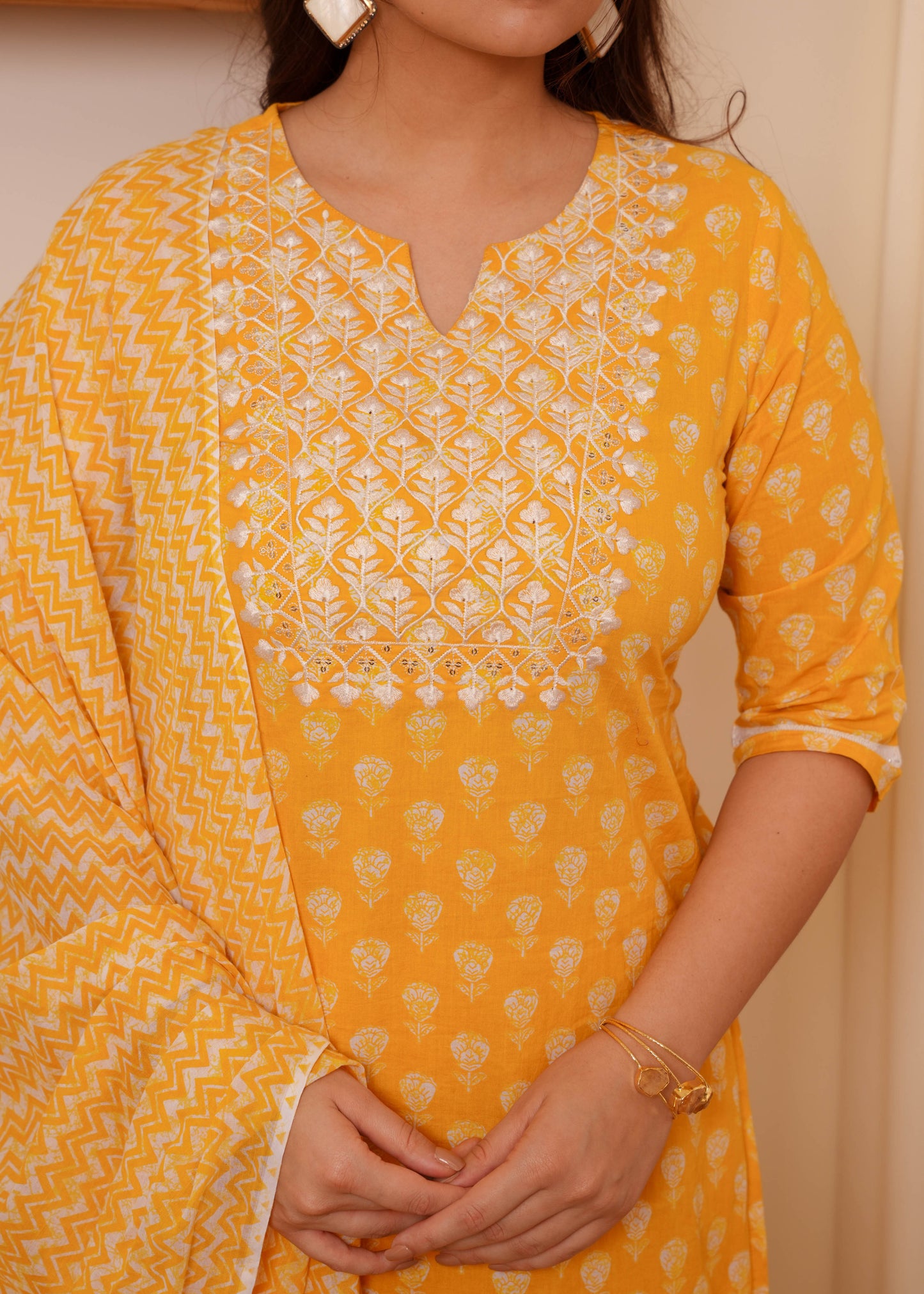 Embroidered Soft Cotton Block Print Straight Yellow Kurta