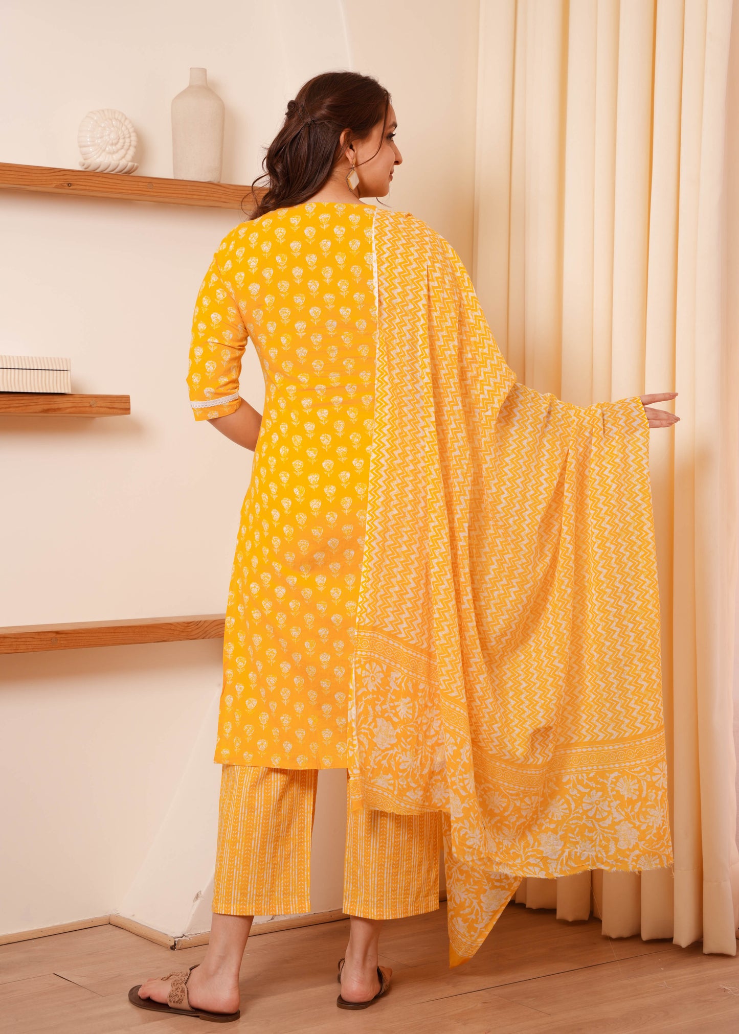 Embroidered Soft Cotton Block Print Straight Yellow Kurta