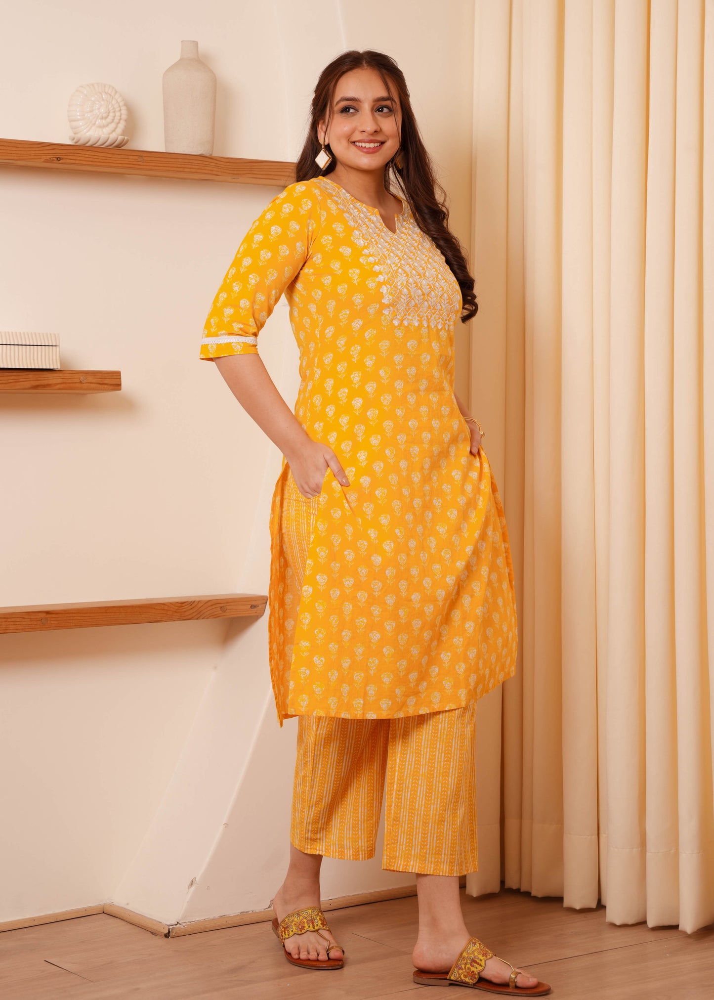 Embroidered Soft Cotton Block Print Straight Yellow Kurta