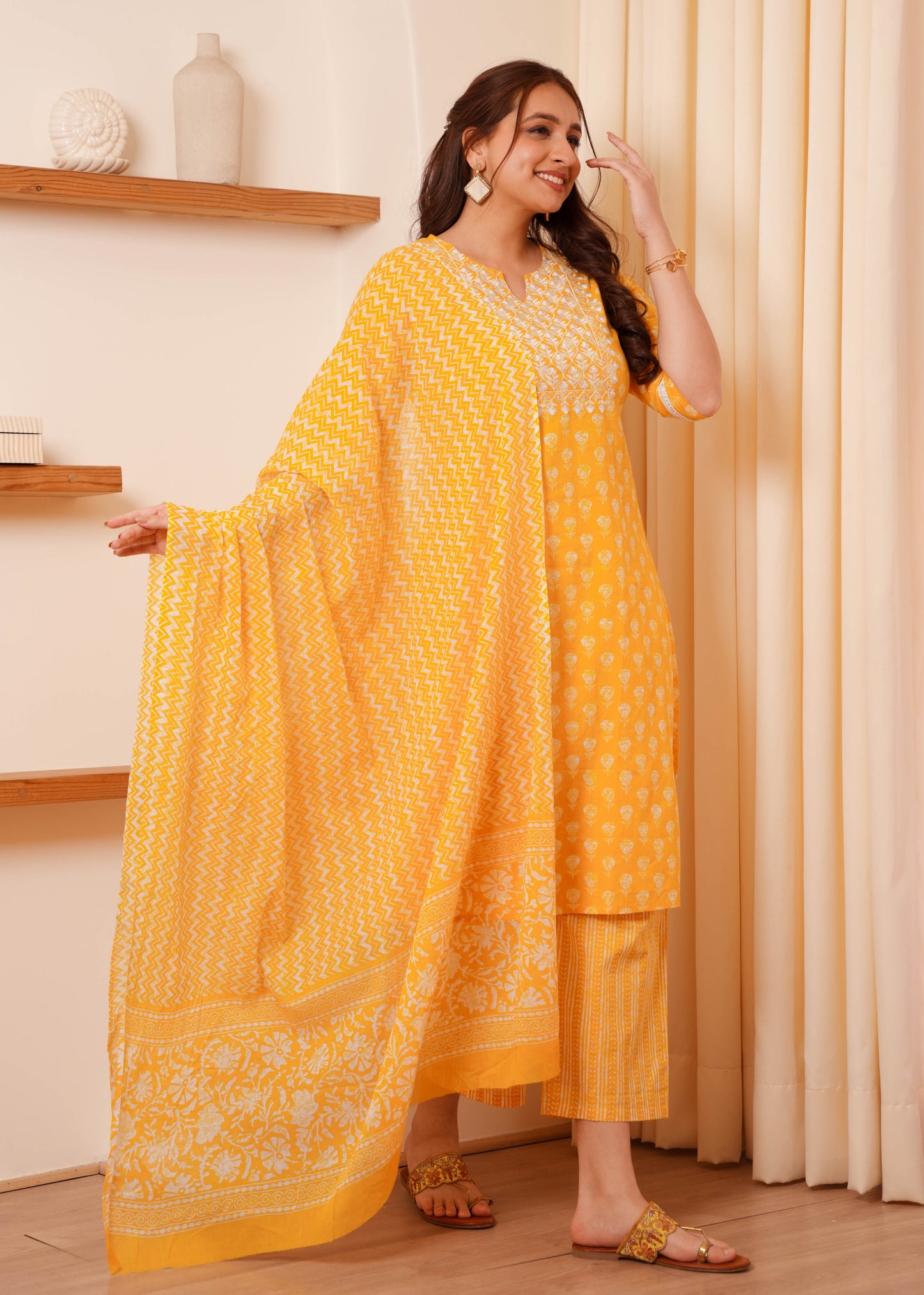 Embroidered Soft Cotton Block Print Straight Yellow Kurta